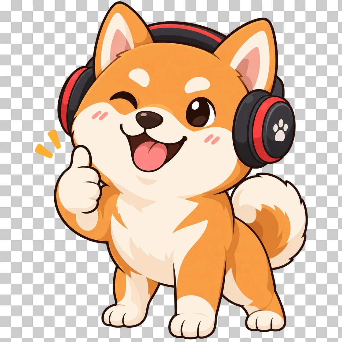 GPT Image 2.5 生成的透明去背柴犬貼圖,以棋盤格底顯示透明區域。