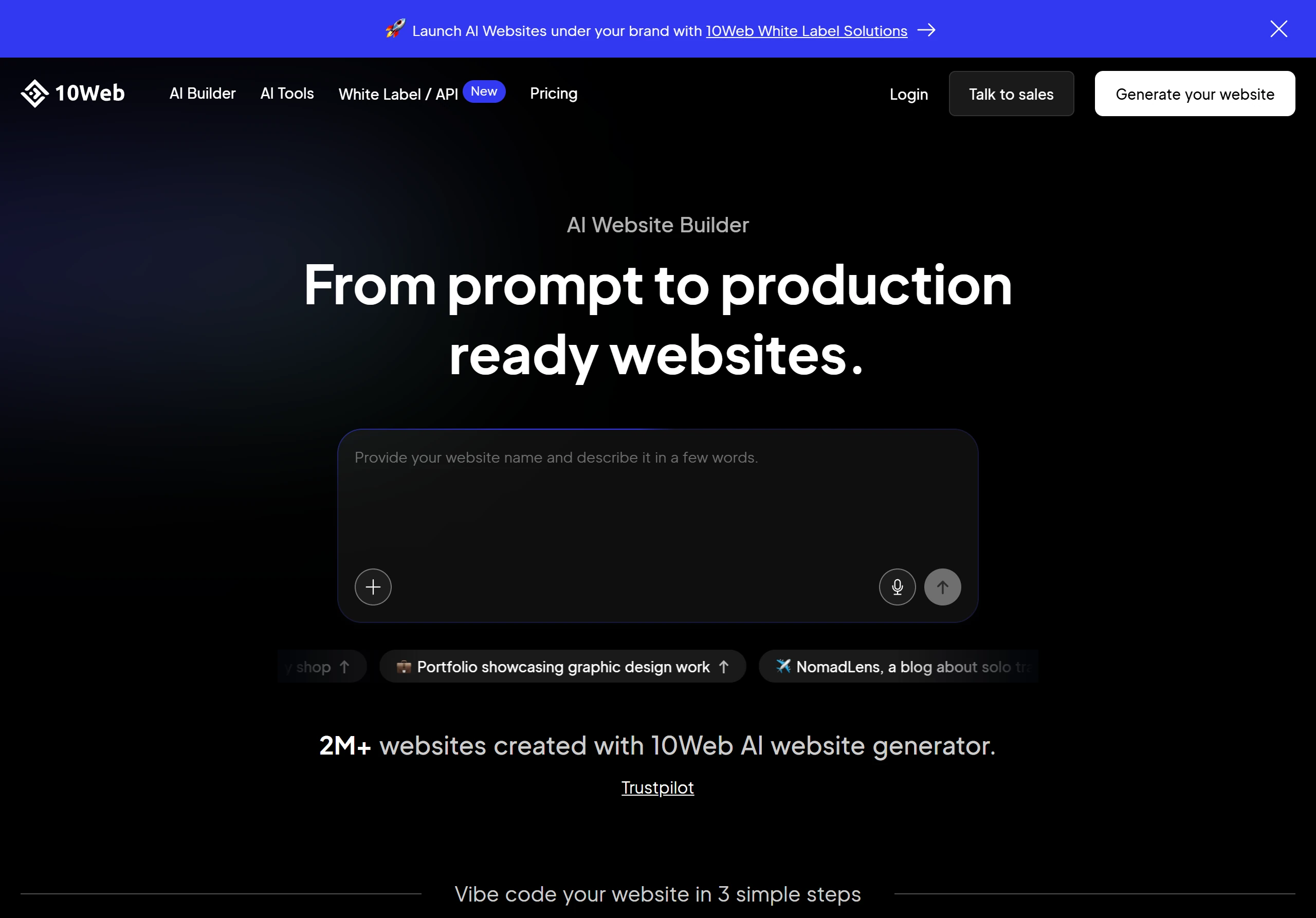10Web AI 網站建置工具官方頁面,輸入描述即可生成一個 WordPress 網站,累計生成超過 200 萬個網站
