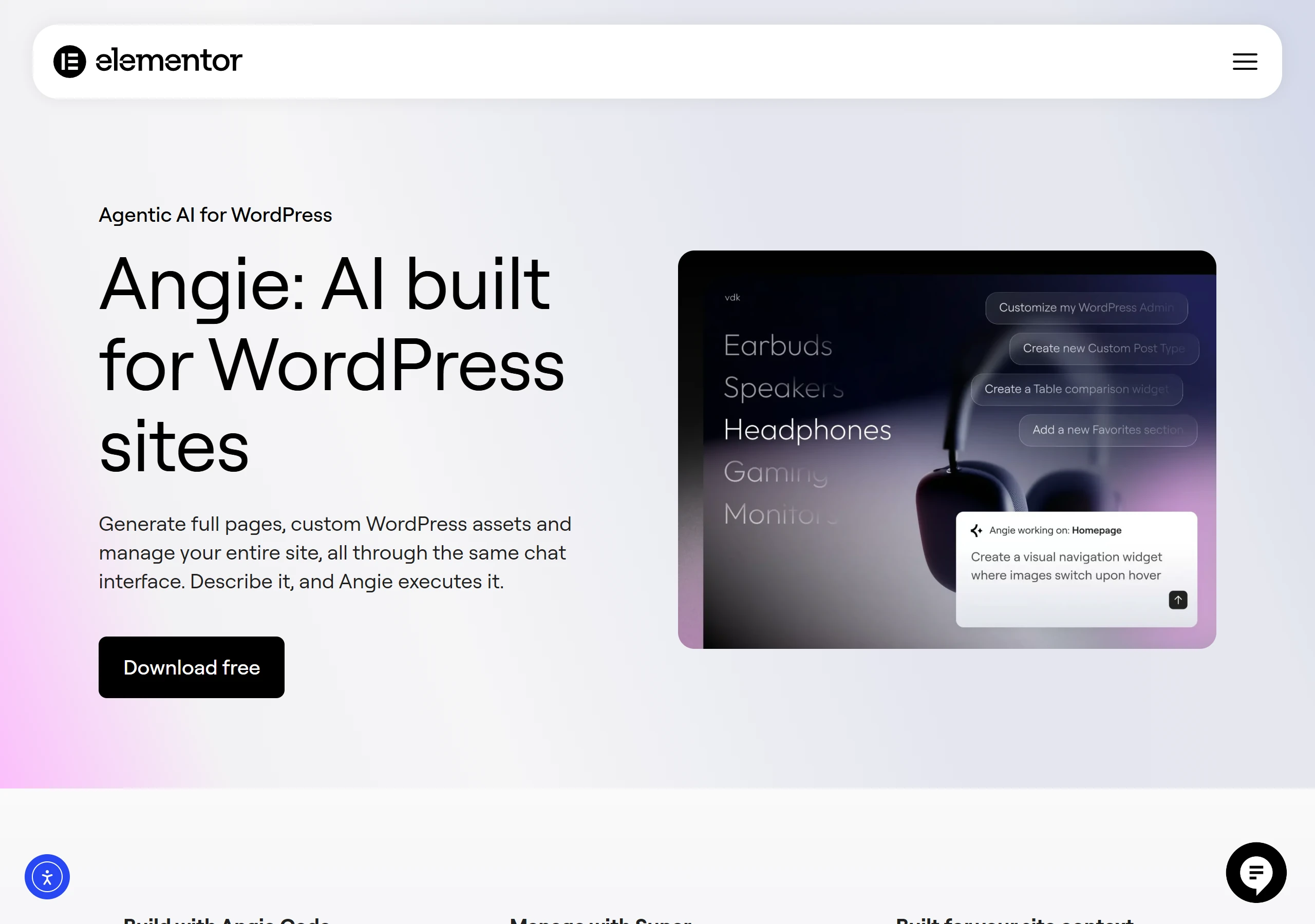 Elementor Angie 官方頁面,介紹在 WordPress 網站上用聊天介面生成整頁與網站素材的 AI