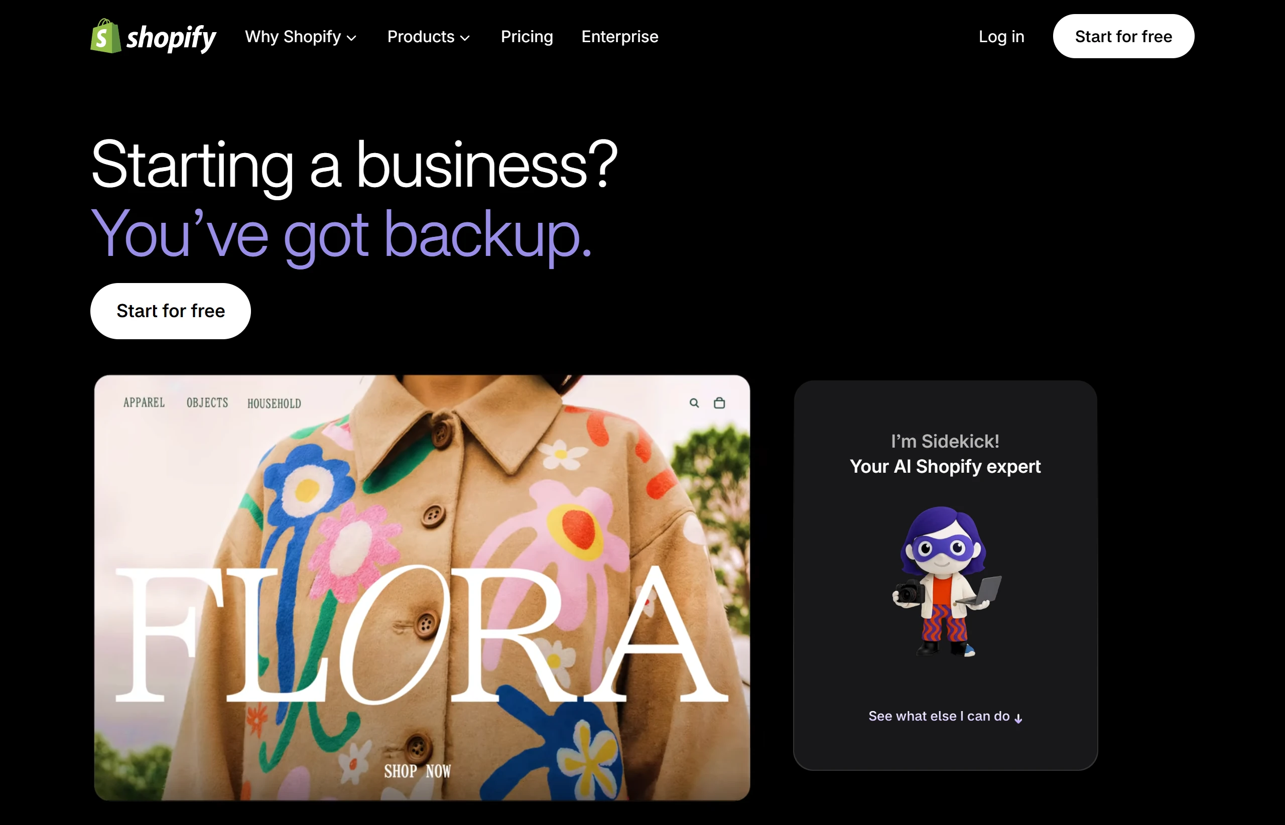 Shopify Sidekick 官方頁面,介紹內建在 Shopify 後台、用日常語言協助操作與內容產出的 AI 商務助理