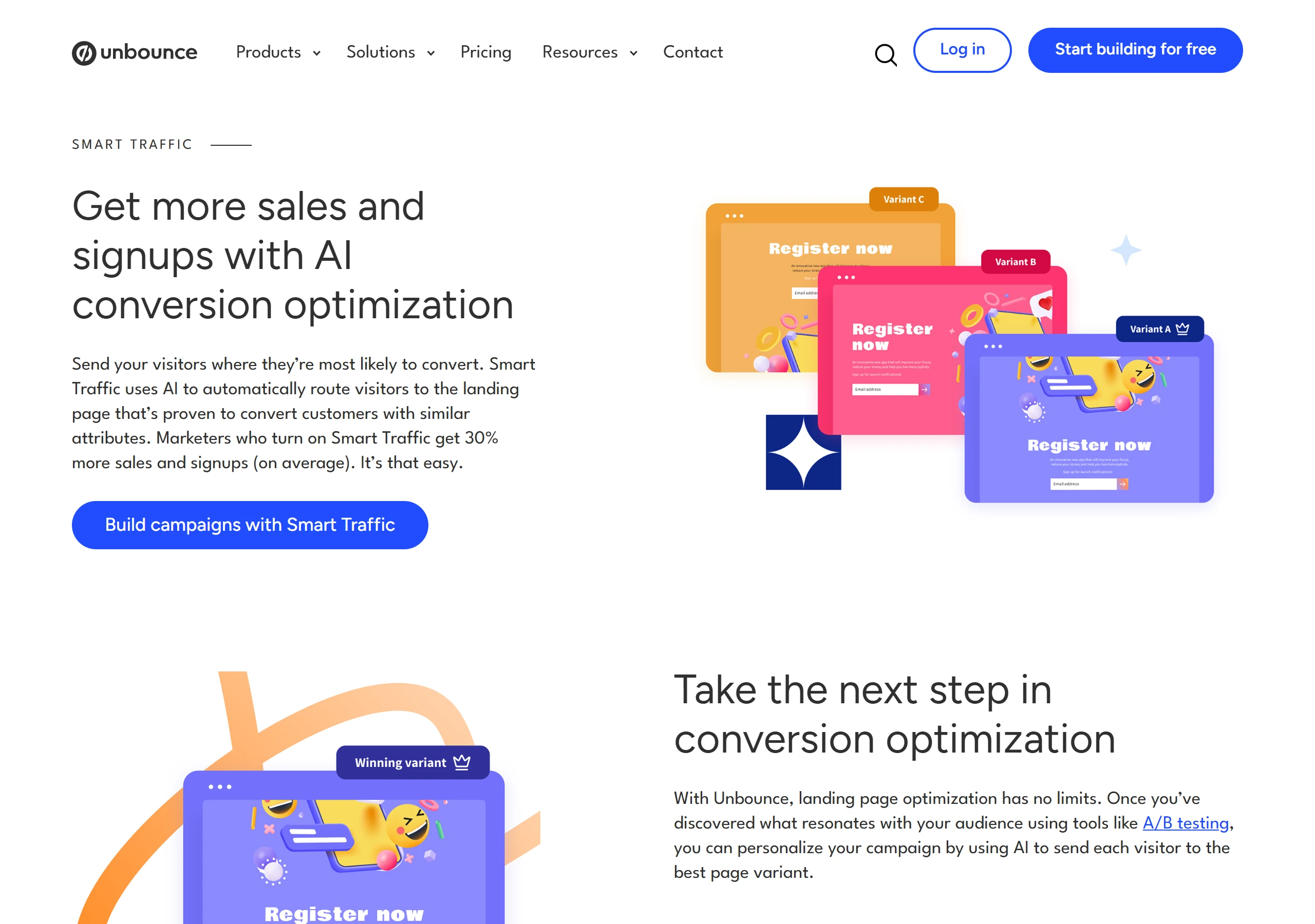 Unbounce Smart Traffic 官方頁面,說明用 AI 自動把訪客導向最可能轉換的落地頁版本