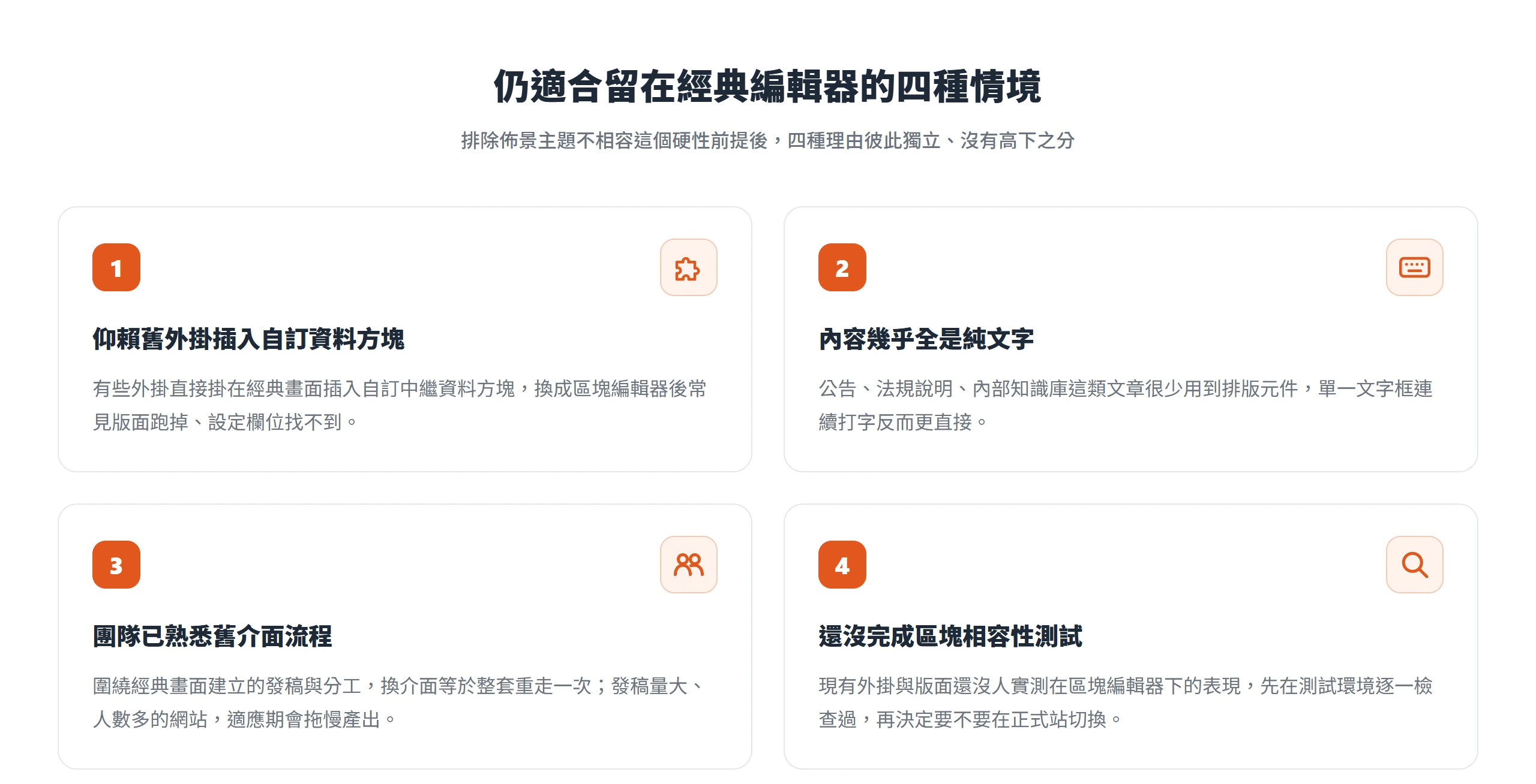 仍適合留在經典編輯器的四種情境:仰賴舊外掛資料方塊、內容全是純文字、團隊熟悉舊流程、還沒完成區塊相容性測試