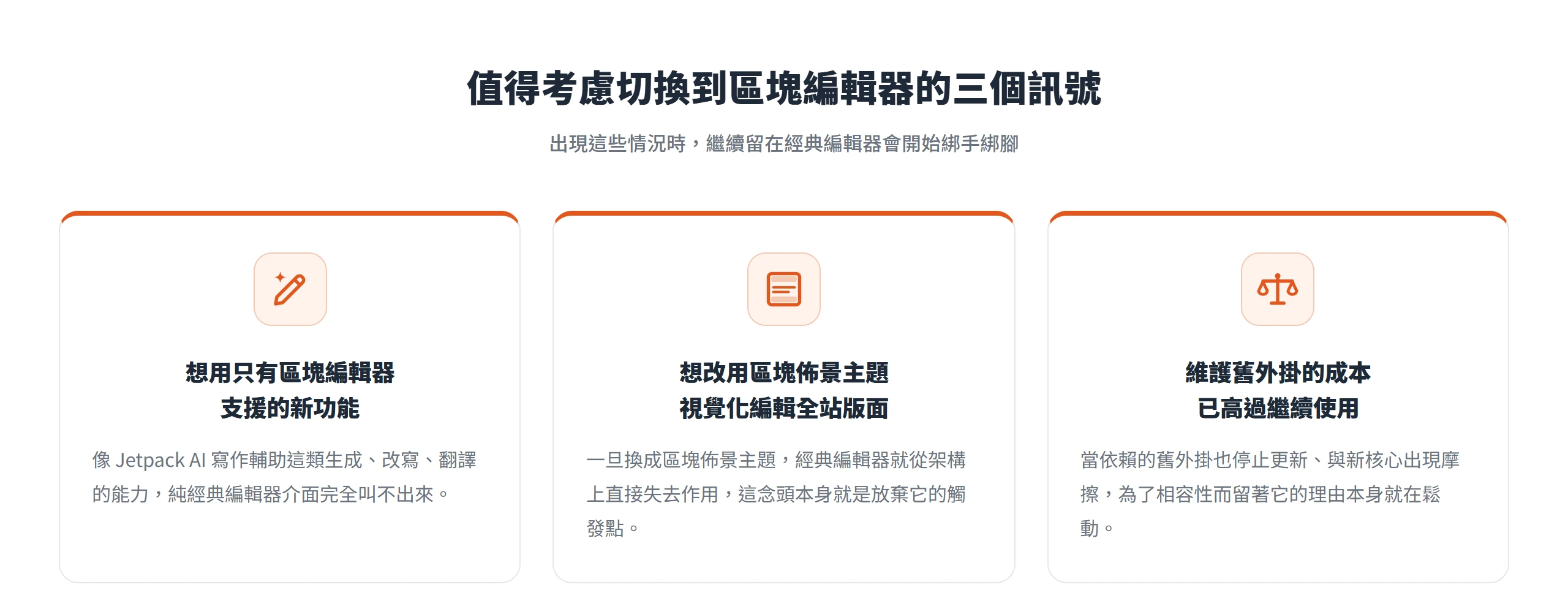 三個該考慮切換到區塊編輯器的訊號:想用只有區塊編輯器支援的新功能、想改用區塊佈景主題、維護舊外掛成本已過高