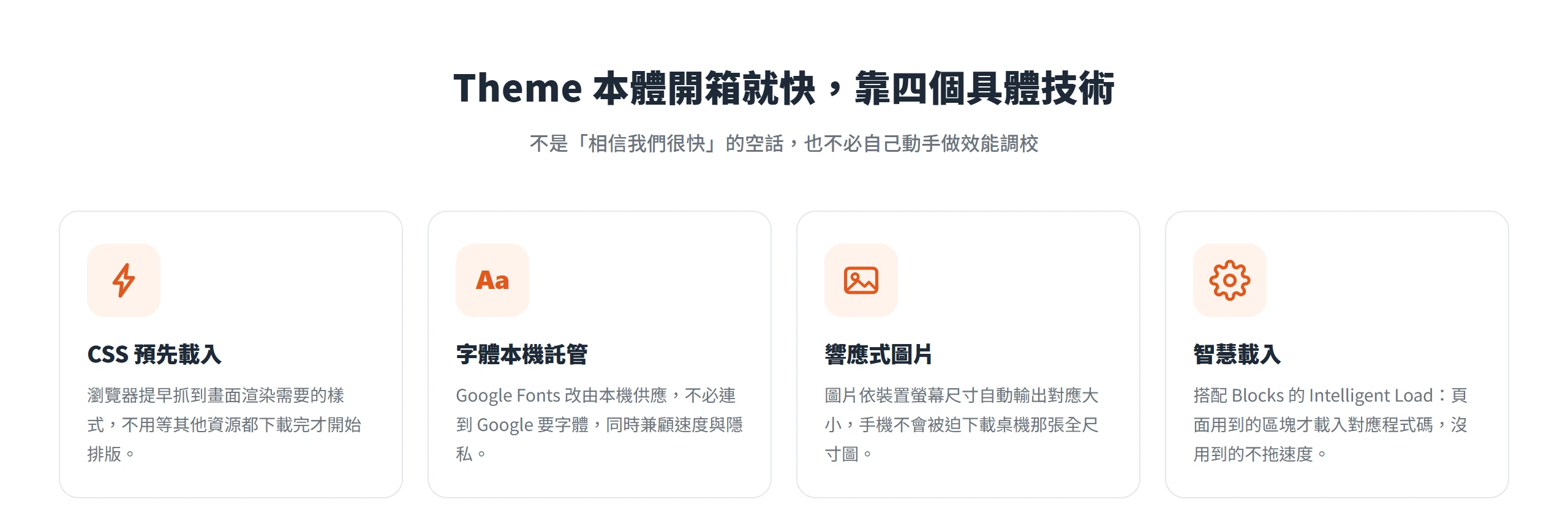 Kadence Theme 本體靠 CSS 預先載入、字體本機託管、響應式圖片與智慧載入四項技術做到開箱就快。