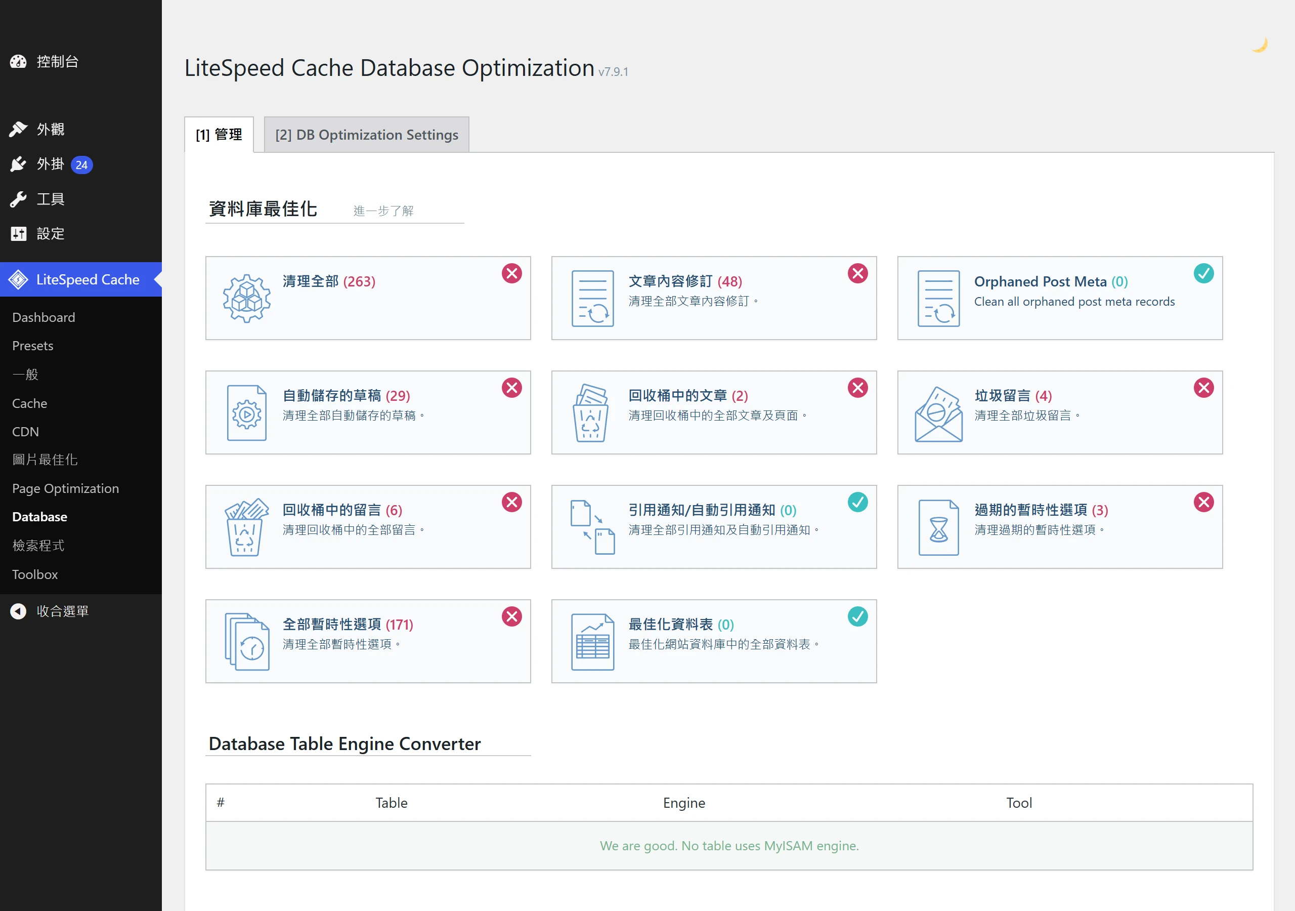 LiteSpeed Cache 的資料庫管理頁用勾號與紅叉標出各清理項目狀態,可一鍵清理文章修訂版本等項目