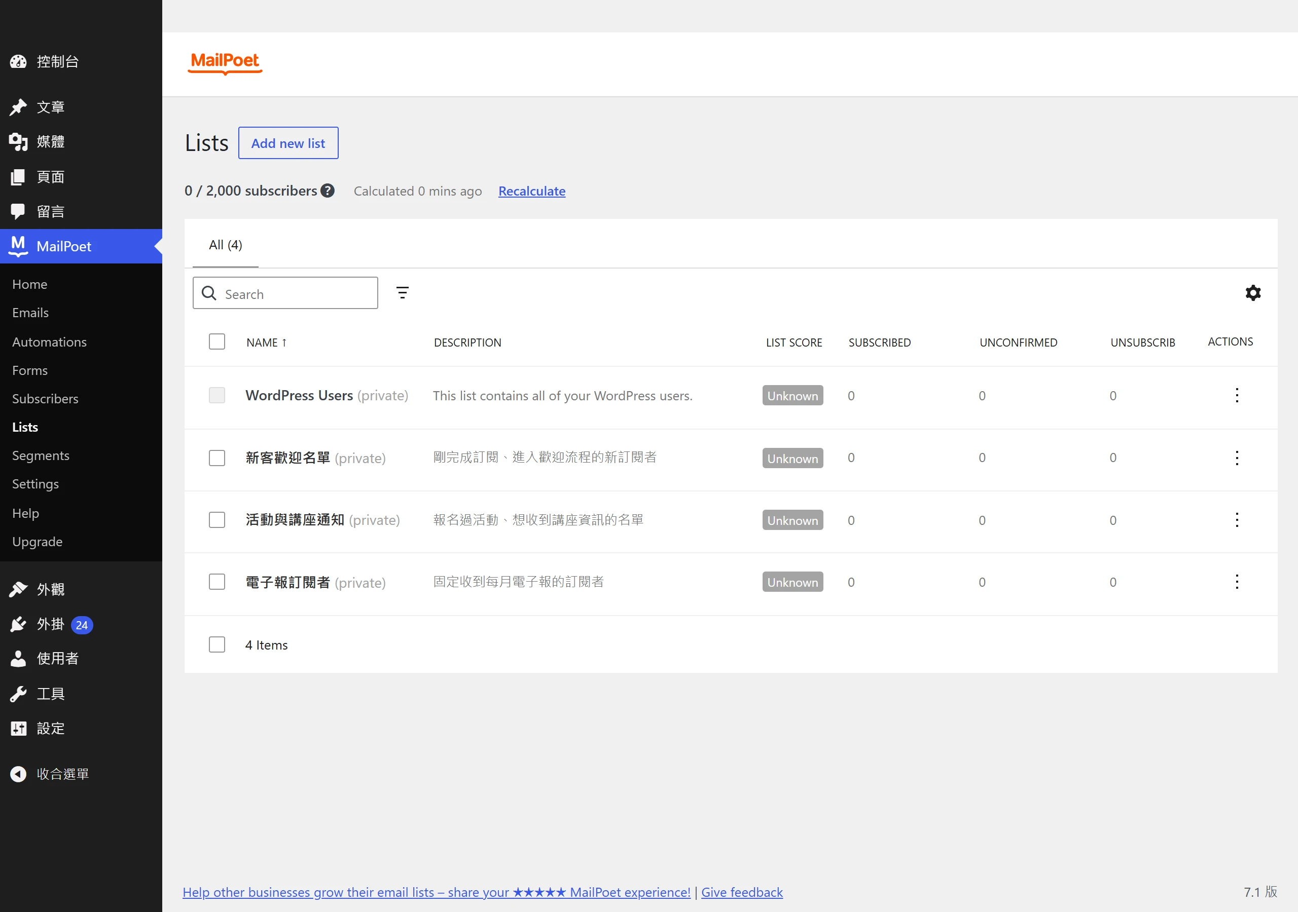 MailPoet 名單管理頁,把訂閱者分成電子報訂閱者、活動通知、新客歡迎等不同名單