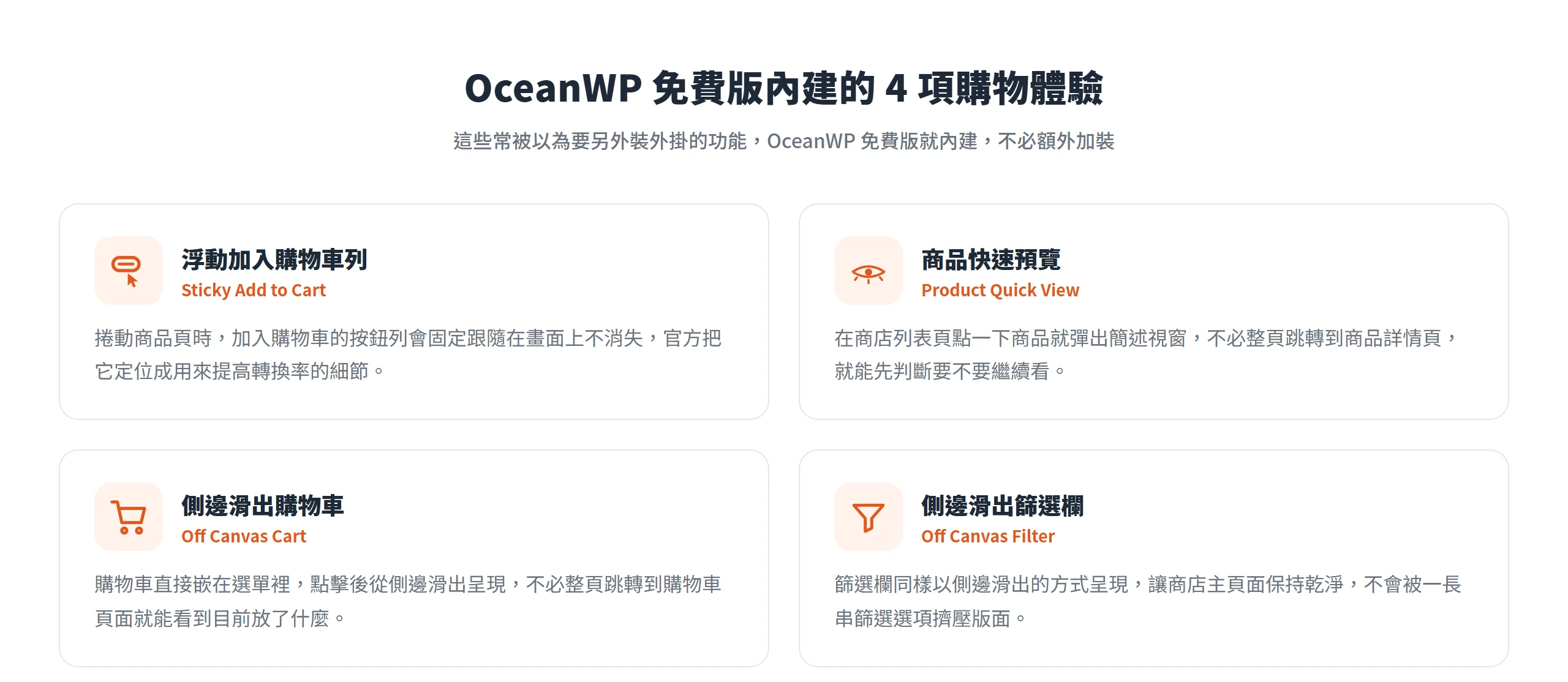 OceanWP 免費版內建浮動加入購物車、商品快速預覽、側邊滑出購物車與側邊滑出篩選欄四項購物體驗。