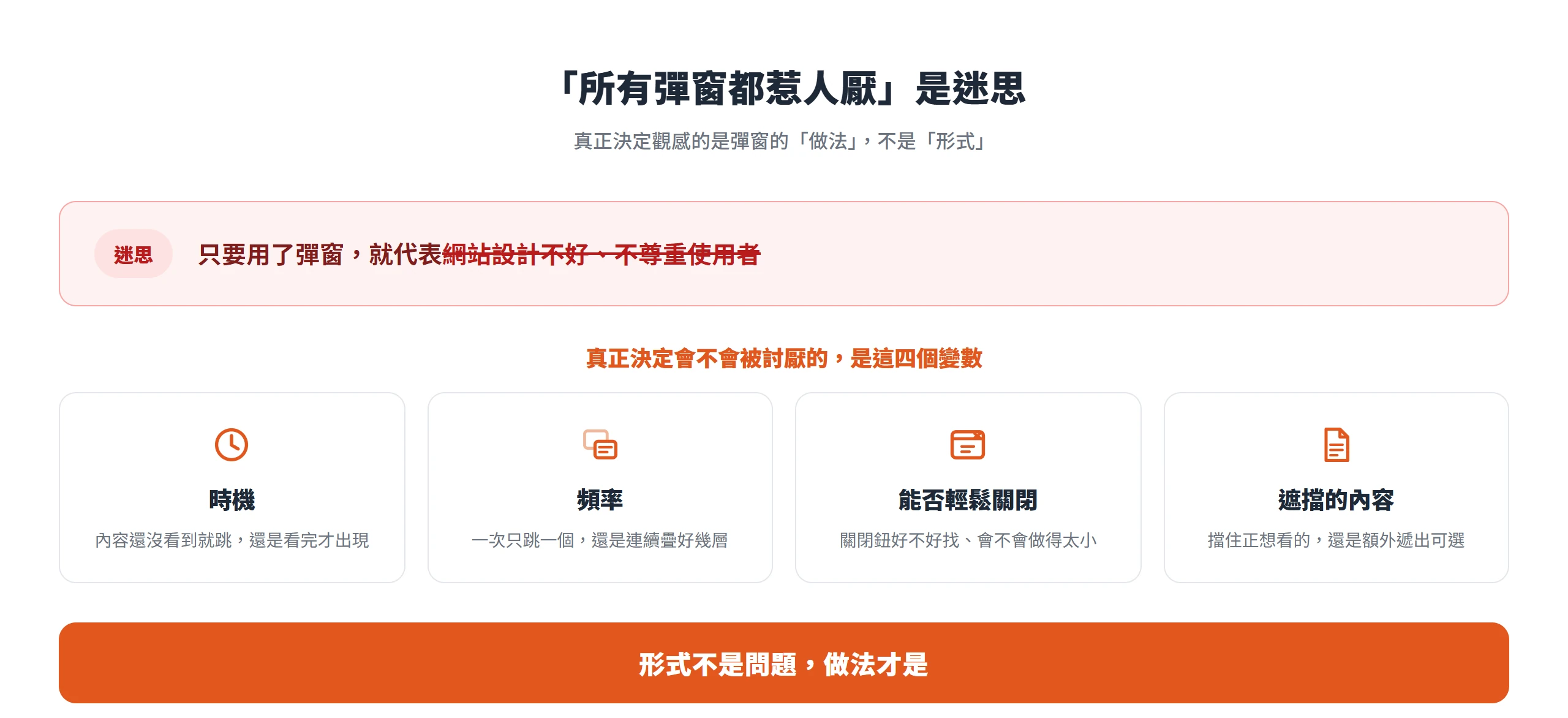 讓使用者反感的不是彈窗這個形式,而是時機、頻率、能否輕鬆關閉與遮擋內容這四個做法變數