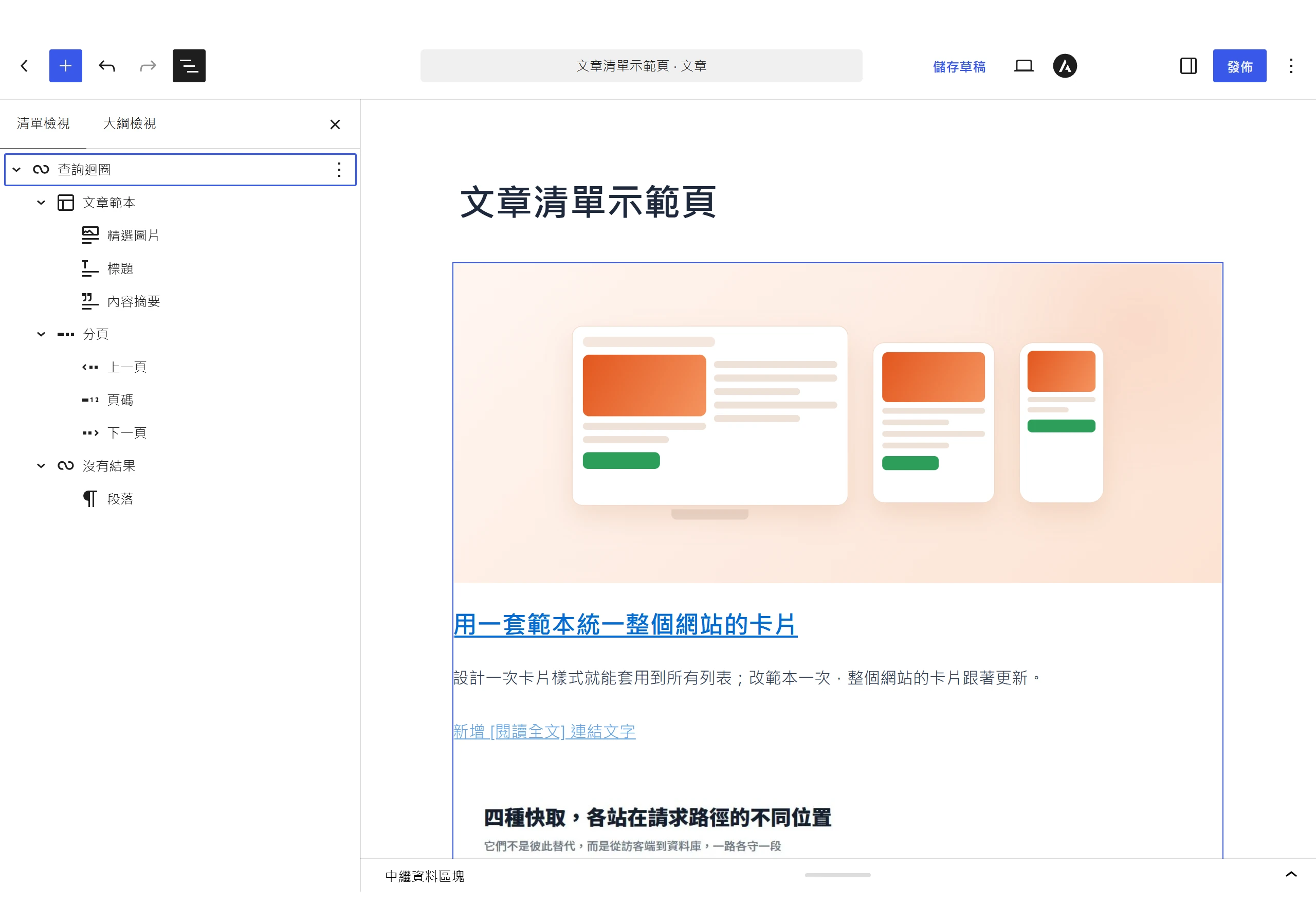 WordPress 區塊編輯器的清單檢視,展開 Query Loop 底下巢狀的文章範本、分頁與沒有結果三層區塊