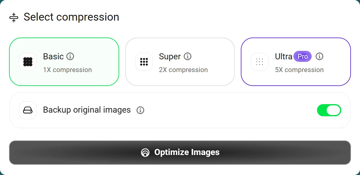 Smush 的「Select compression」提供 Basic 1X、Super 2X 與標示 Pro 的 Ultra 5X 三種壓縮強度,並可一併勾選備份原始圖片。