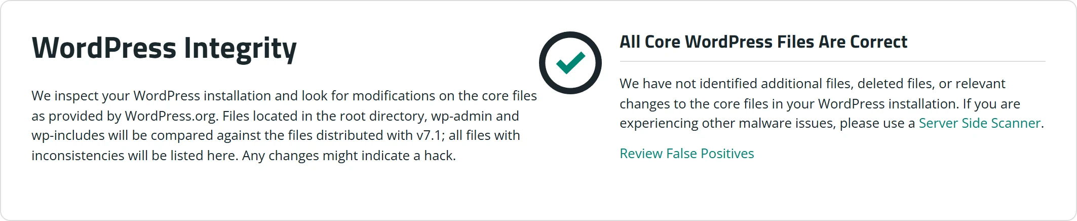 Sucuri Security 儀表板的 WordPress 完整性檢查面板,把核心檔案比對 WordPress.org 官方版本,這裡顯示所有核心檔案正確、未發現異動。