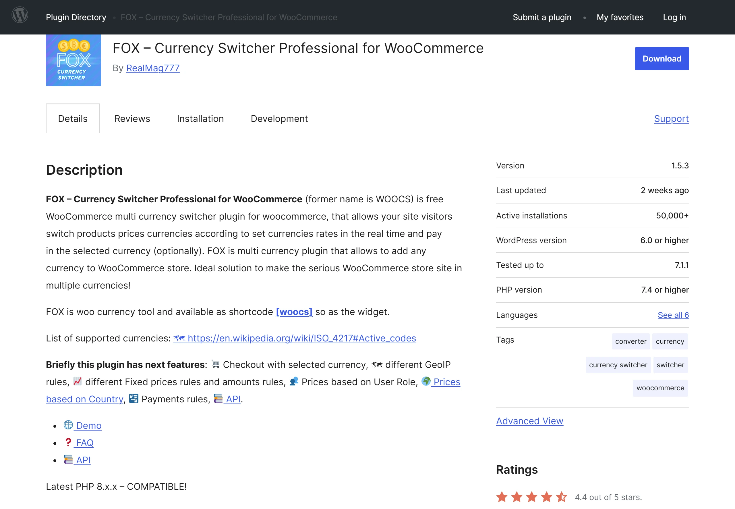 FOX(原名 WOOCS)貨幣切換外掛在 WordPress 官方外掛目錄的頁面,有效安裝數達五萬以上,評分約四點四顆星