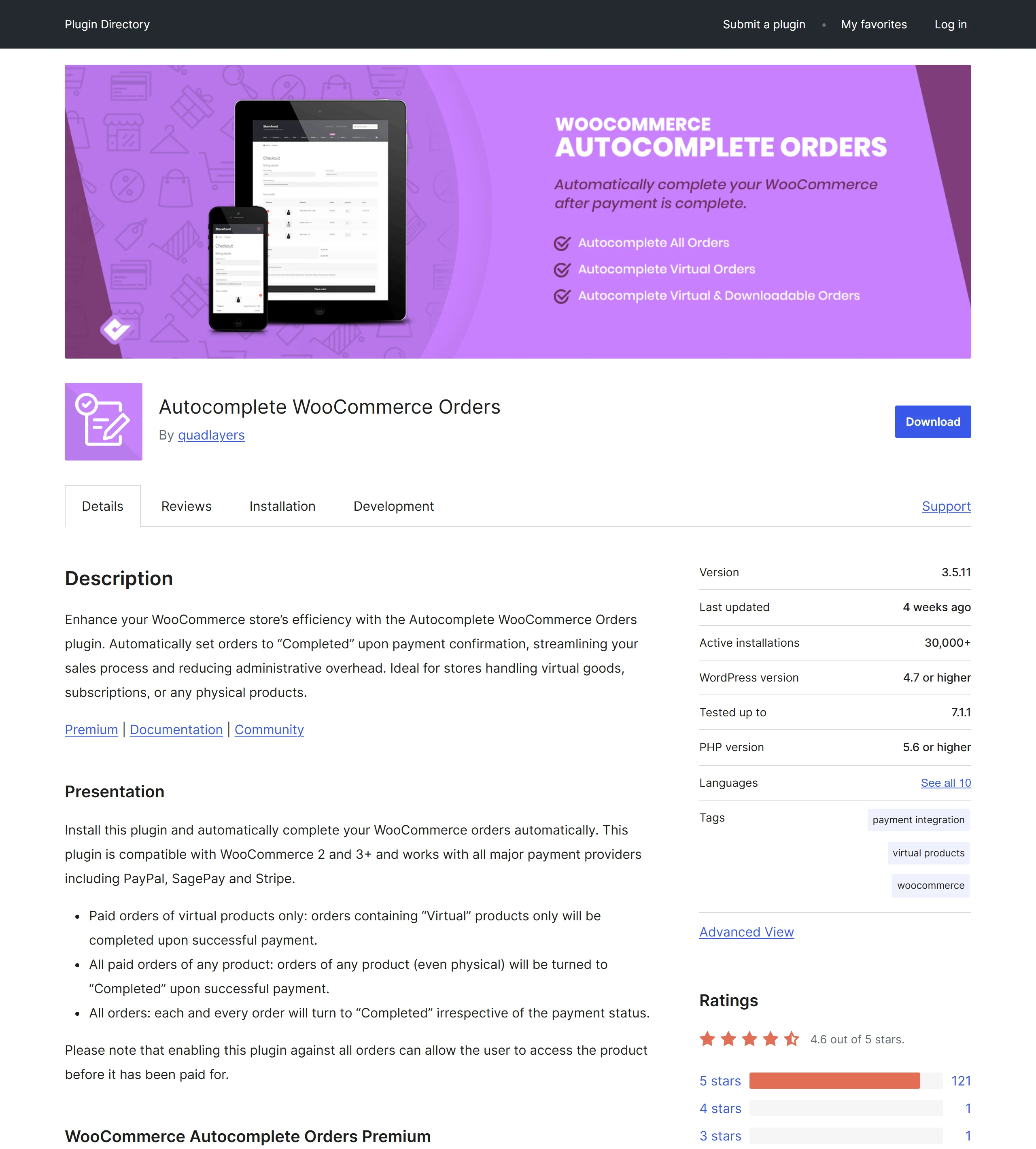 QuadLayers 的 Autocomplete WooCommerce Orders 外掛頁,啟用安裝數超過 30,000、評分 4.6 顆星,可設定虛擬或全部訂單自動完成