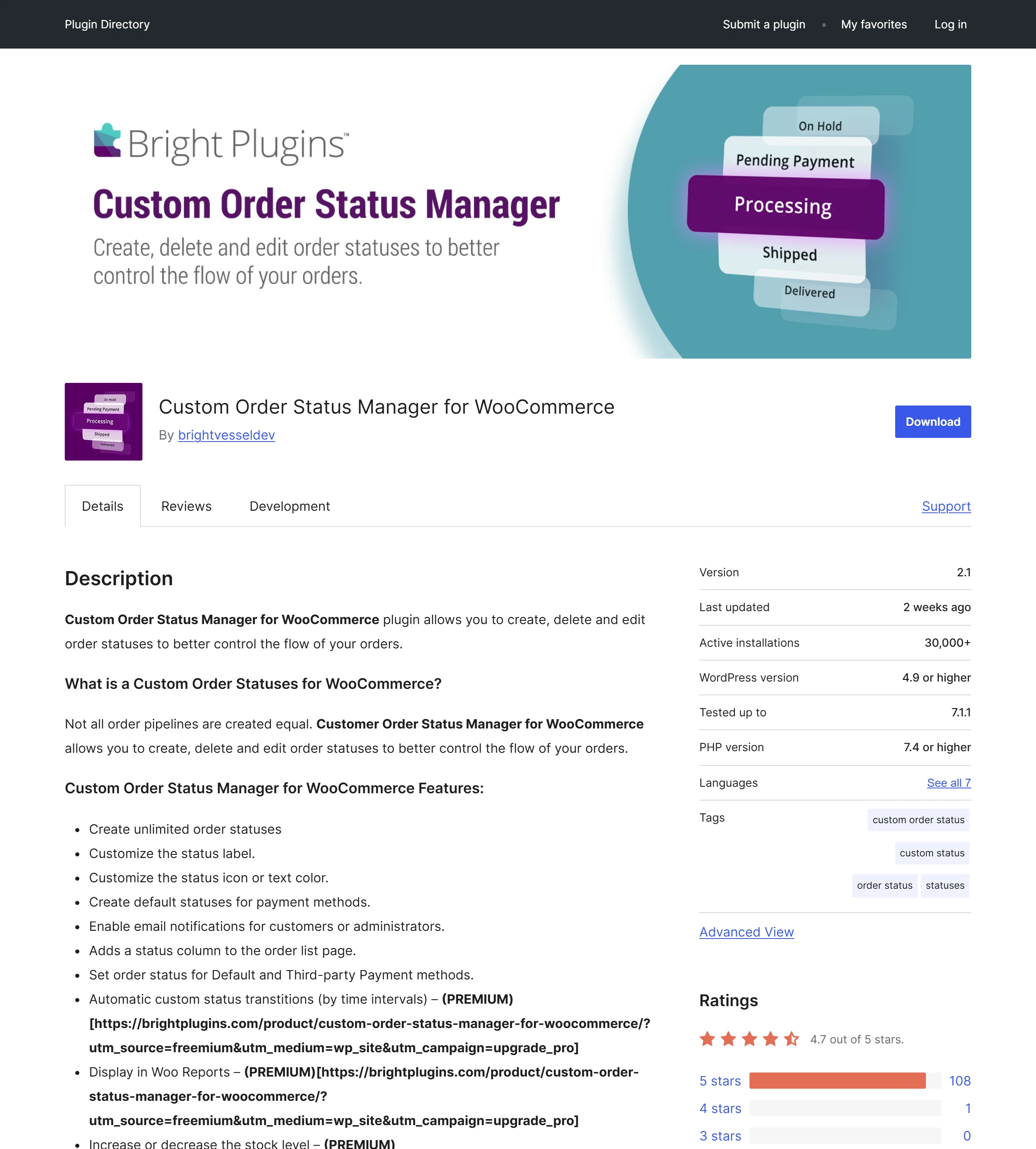 Custom Order Status Manager for WooCommerce 外掛頁顯示啟用安裝數超過 30,000、評分 4.7 顆星,是安裝數最高的免費自訂訂單狀態外掛