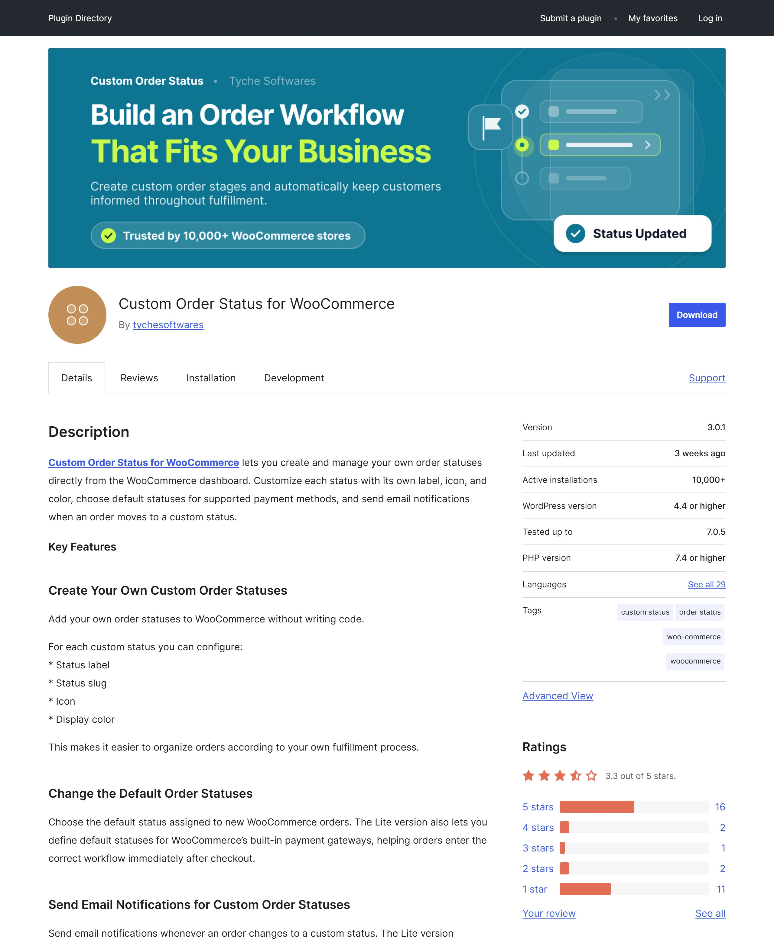 Tyche Softwares 的 Custom Order Status for WooCommerce 外掛頁,啟用安裝數超過 10,000、評分 3.3 顆星,免費版可綁定付款方式與訂單狀態