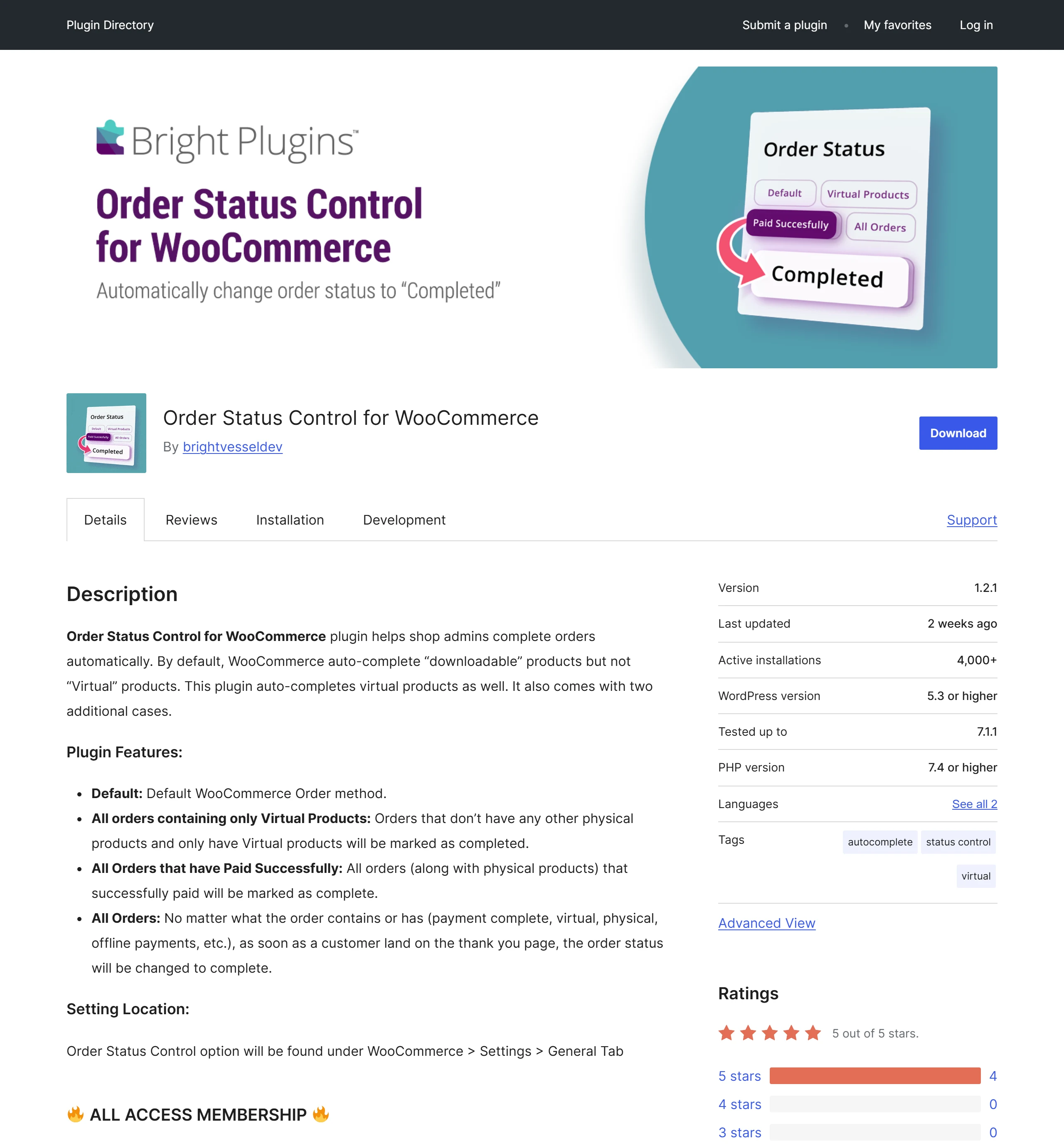 Order Status Control for WooCommerce 外掛頁,說明可讓已付款訂單跳過處理中、自動標記為已完成,啟用安裝數超過 4,000、評分 5 顆星