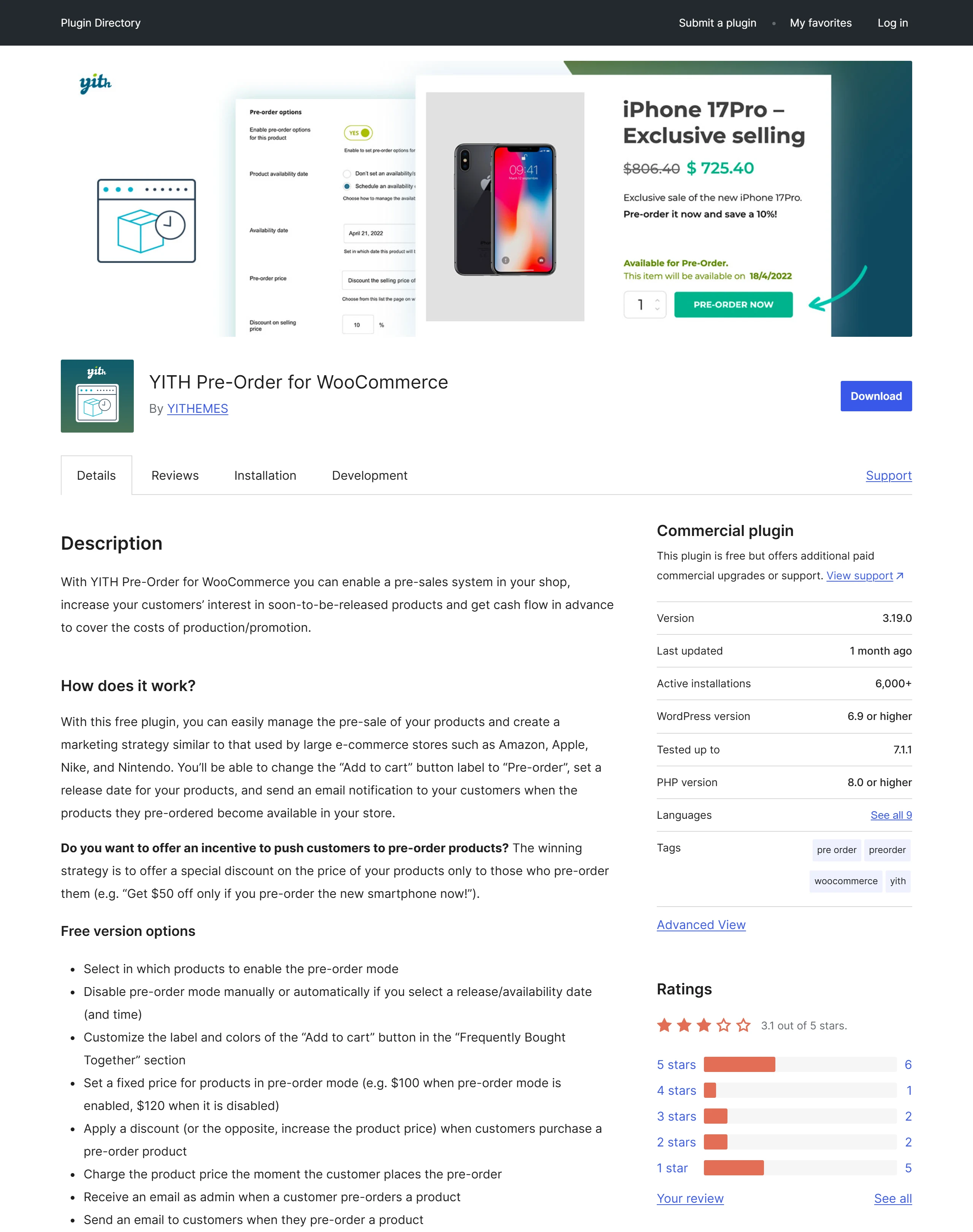 YITH Pre-Order for WooCommerce 外掛頁,免費版可開放單一商品預購並設定預購價,啟用安裝數超過 6,000、評分 3.1 顆星