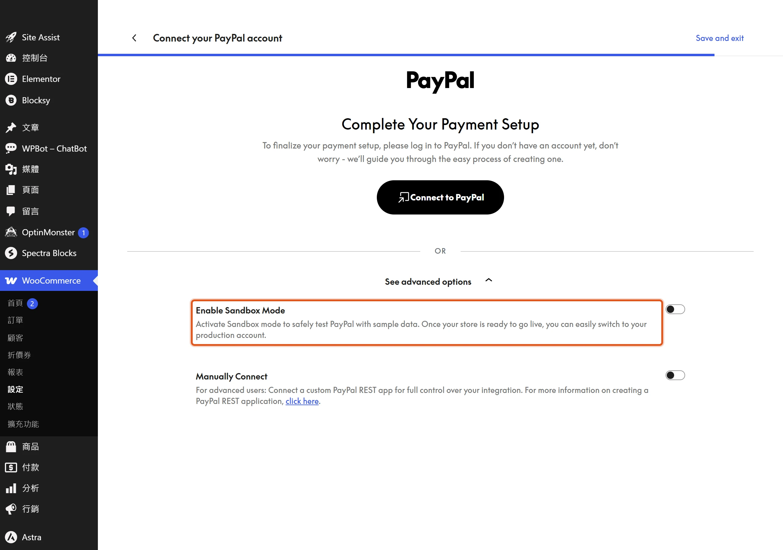 連接精靈的 See advanced options 展開後可開啟 Enable Sandbox Mode,用沙盒帳號安全測試金流再切回正式收款。