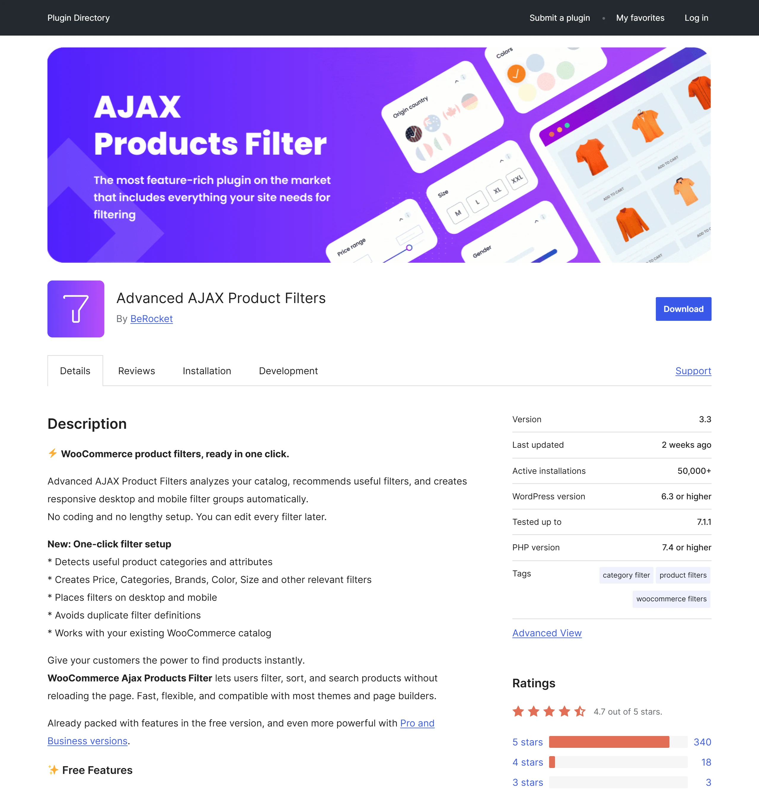 Advanced AJAX Product Filters 在 WordPress.org 外掛頁顯示評分 4.7 顆星、387 則評分中超過 9 成好評,是這批 WooCommerce 商品篩選外掛裡評分最高的一款