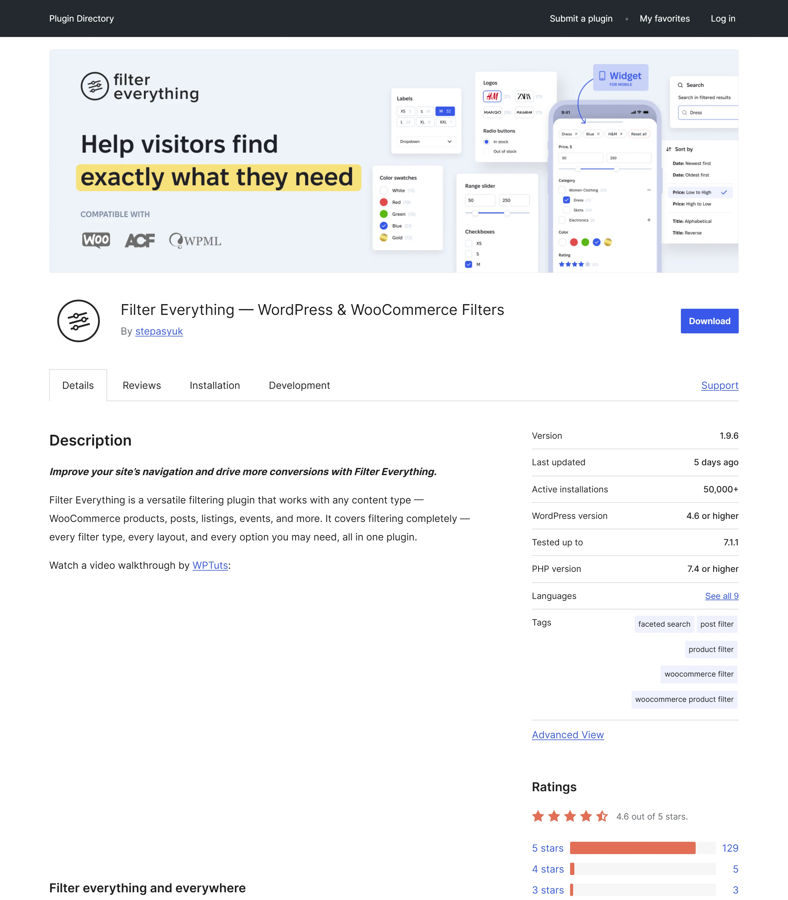 Filter Everything 在 WordPress.org 外掛頁顯示啟用安裝數超過 5 萬、評分 4.6 顆星,免費版就能篩商品也能篩自訂文章類型