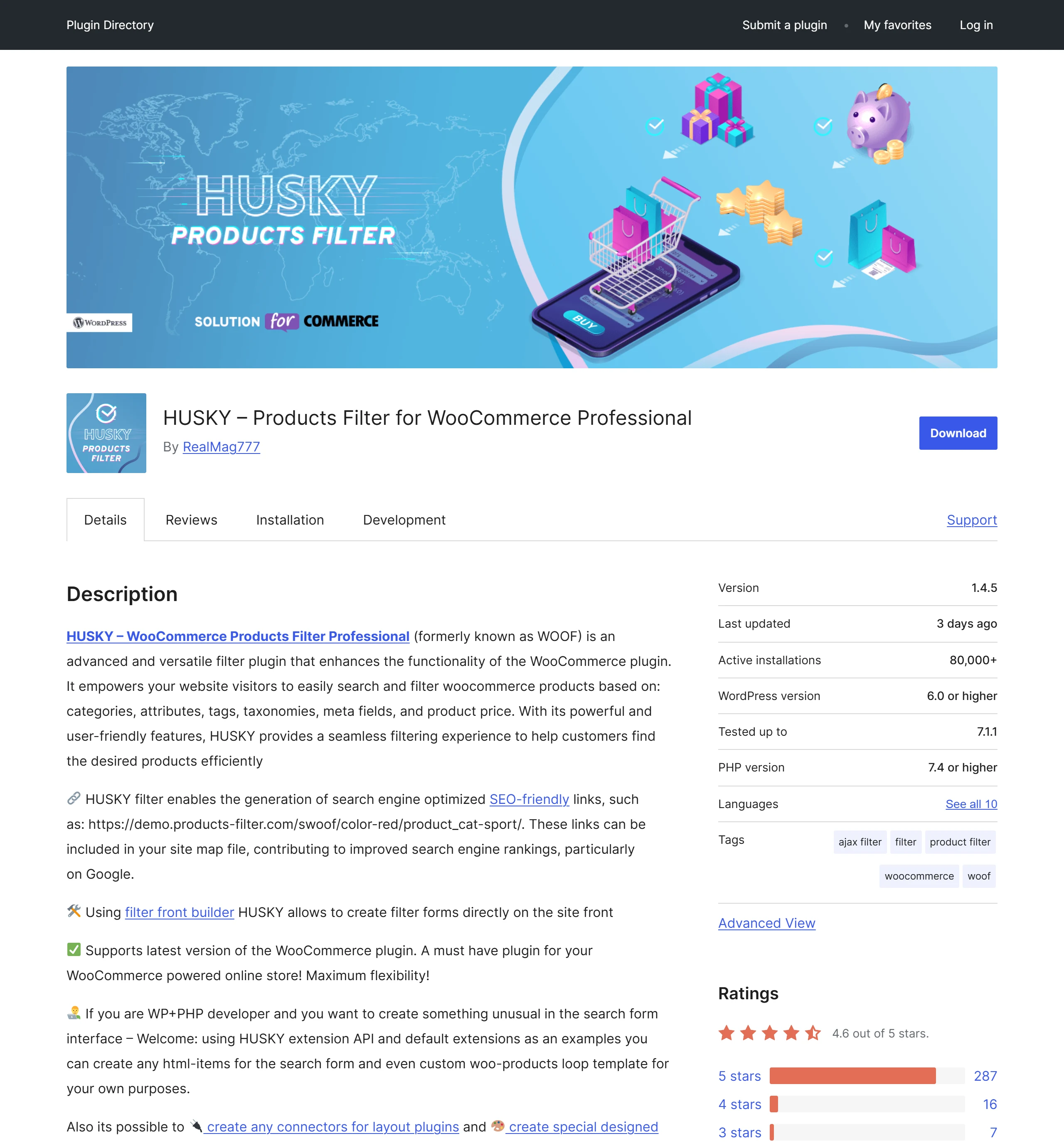 HUSKY(原名 WOOF)在 WordPress.org 外掛頁顯示啟用安裝數超過 8 萬、評分 4.6 顆星,是這批 WooCommerce 商品篩選外掛中安裝數最高的一款