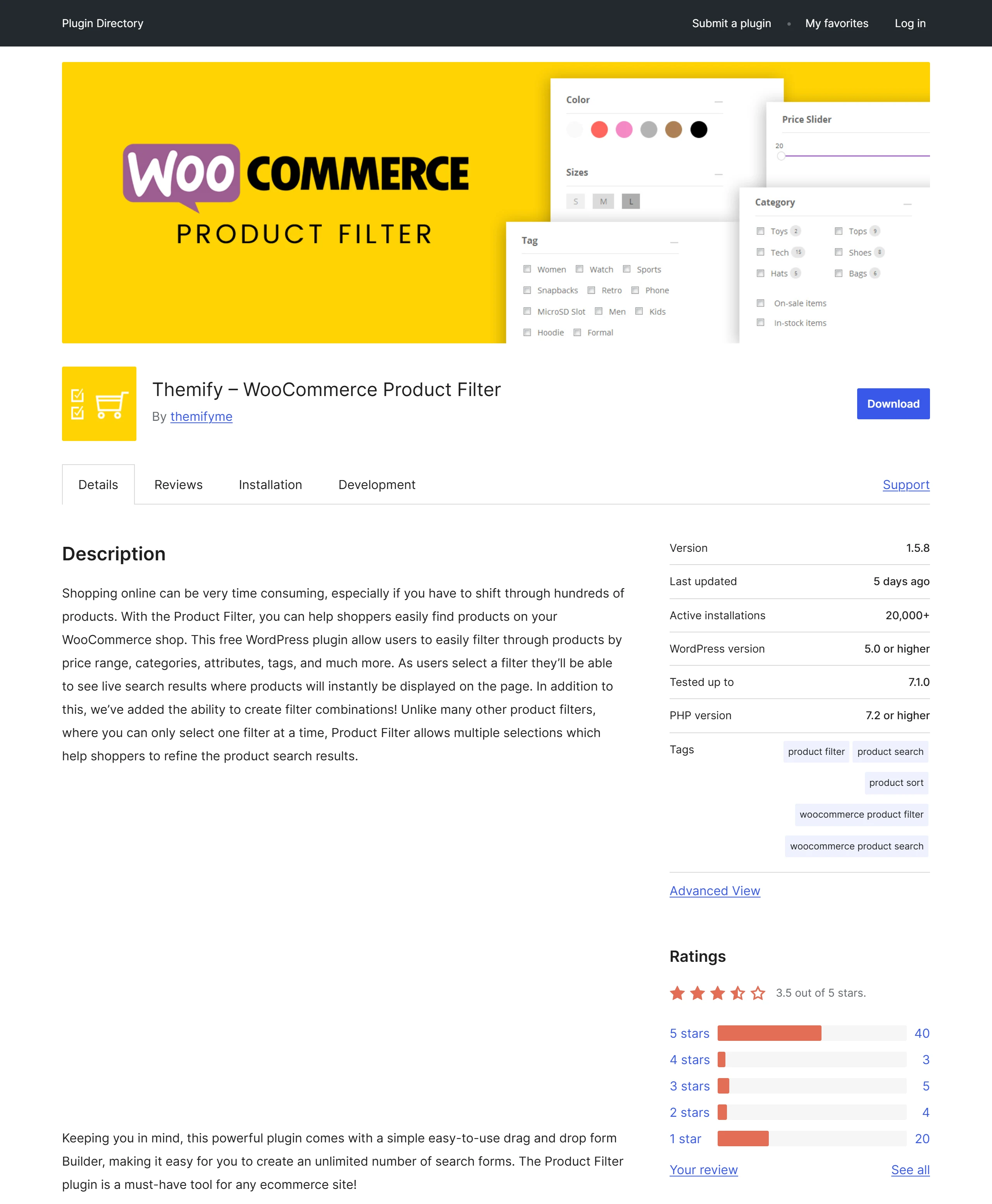 Themify WooCommerce Product Filter 在 WordPress.org 外掛頁顯示啟用安裝數超過 2 萬、評分 3.5 顆星,是一款完全免費、用拖拉建篩選表單的外掛