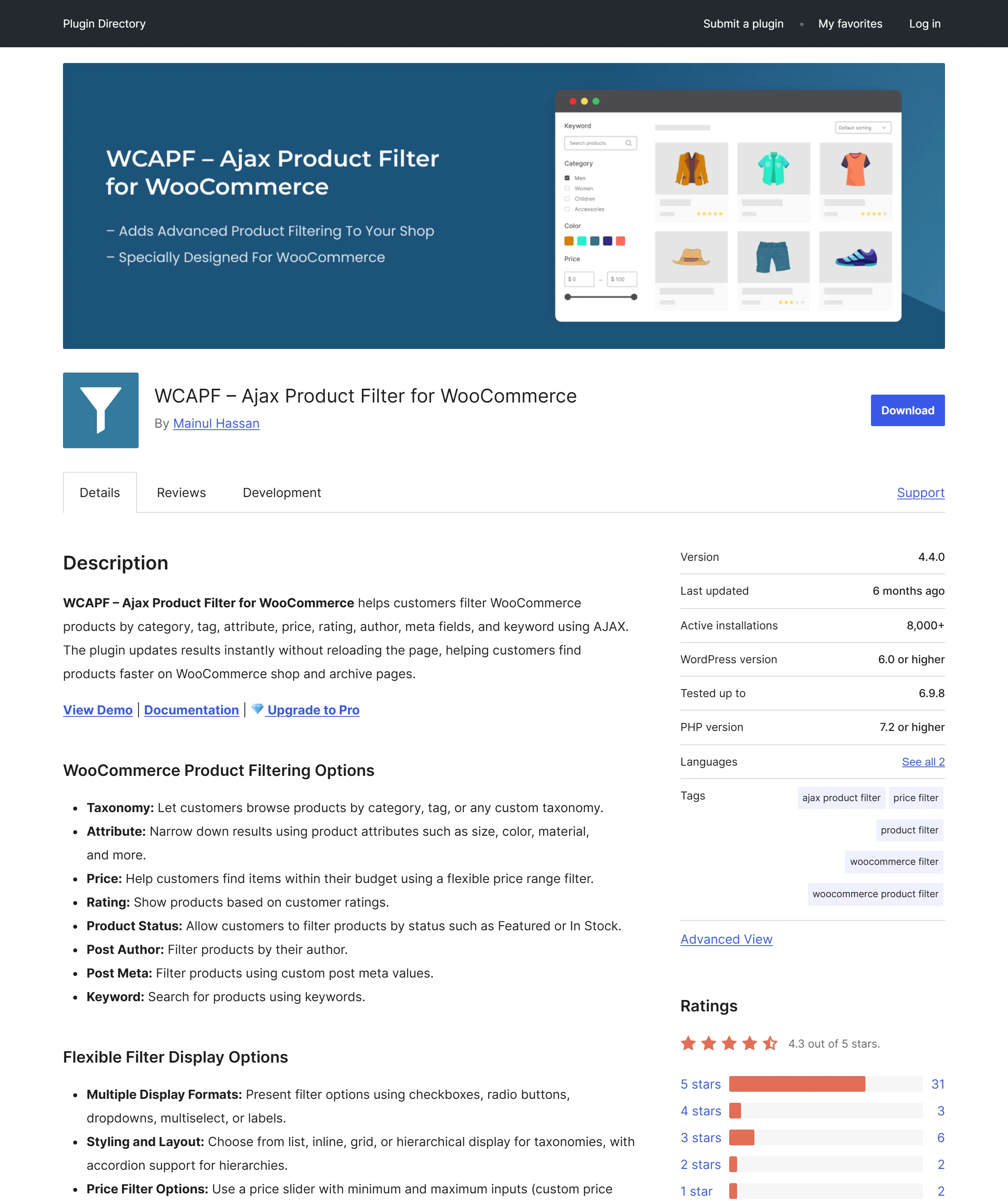 WCAPF 在 WordPress.org 外掛頁顯示啟用安裝數約 8 千、評分 4.3 顆星,最近更新距今已有一段時間、相容性測試停在較舊版本