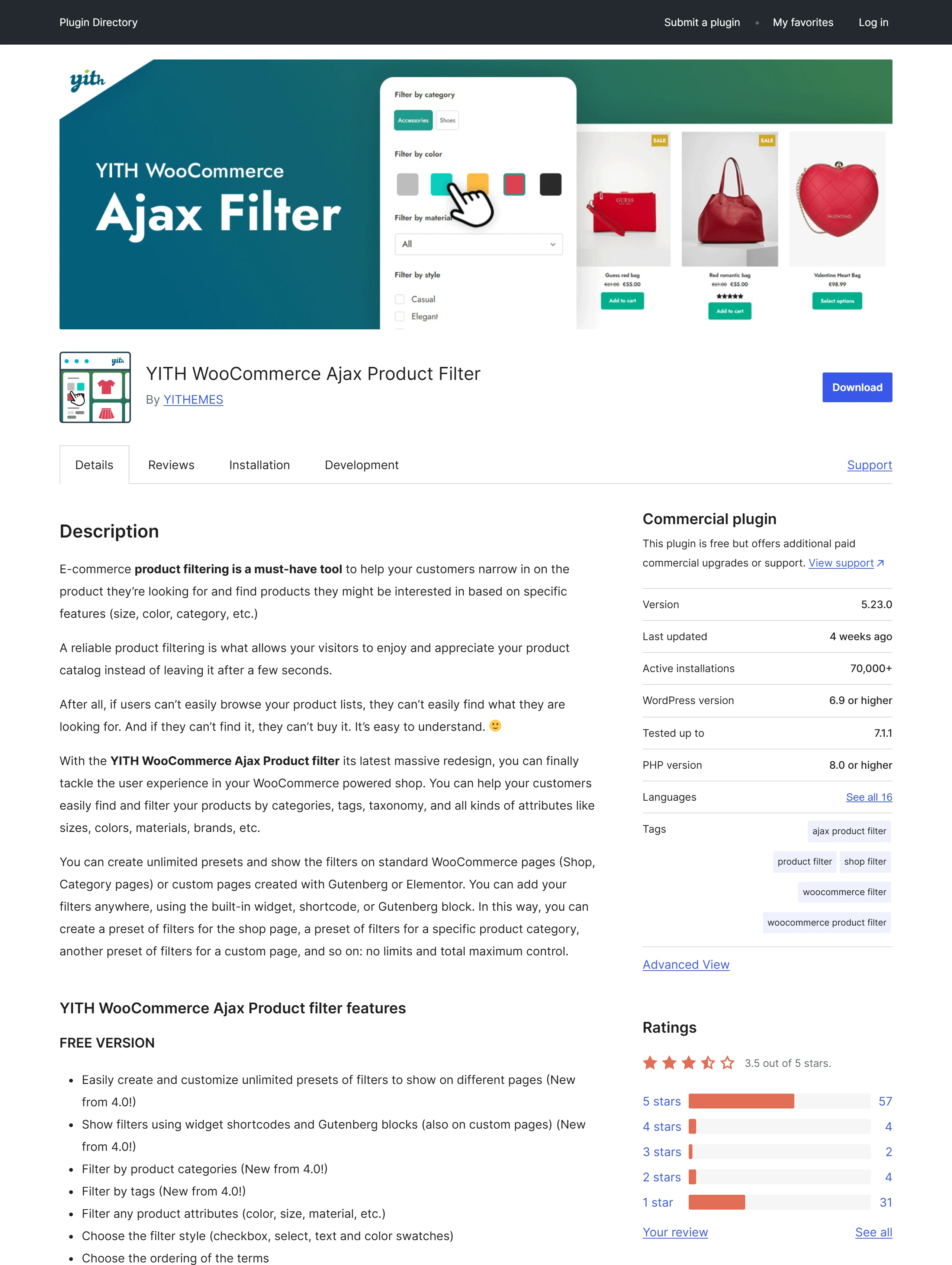 YITH WooCommerce Ajax Product Filter 在 WordPress.org 外掛頁顯示啟用安裝數超過 7 萬,屬於老牌開發商 YITH 系列的一員