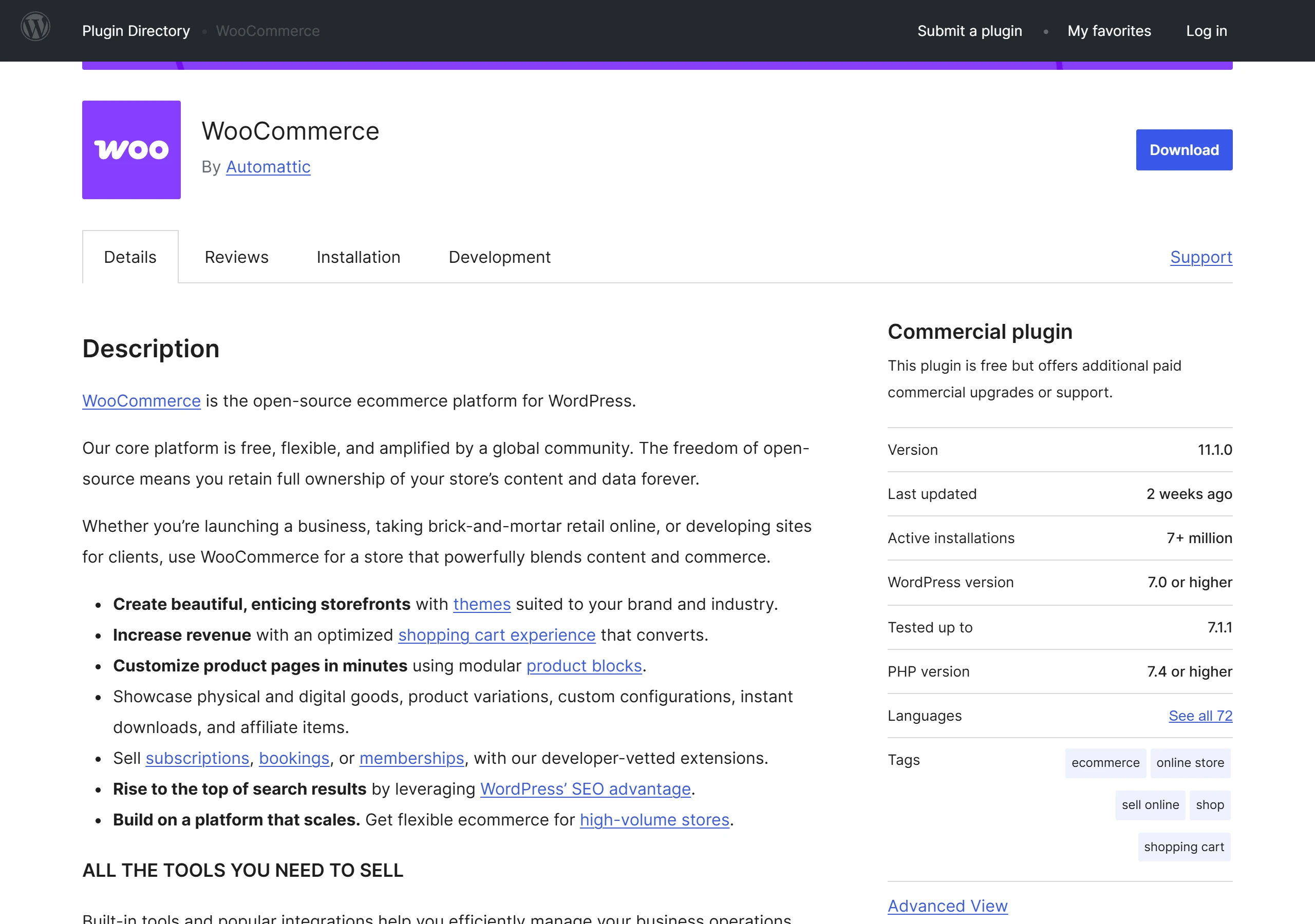 WooCommerce 在 WordPress 外掛目錄裡標明是免費開源的電商外掛,店家永久保有商店資料,累積超過七百萬個使用中的安裝