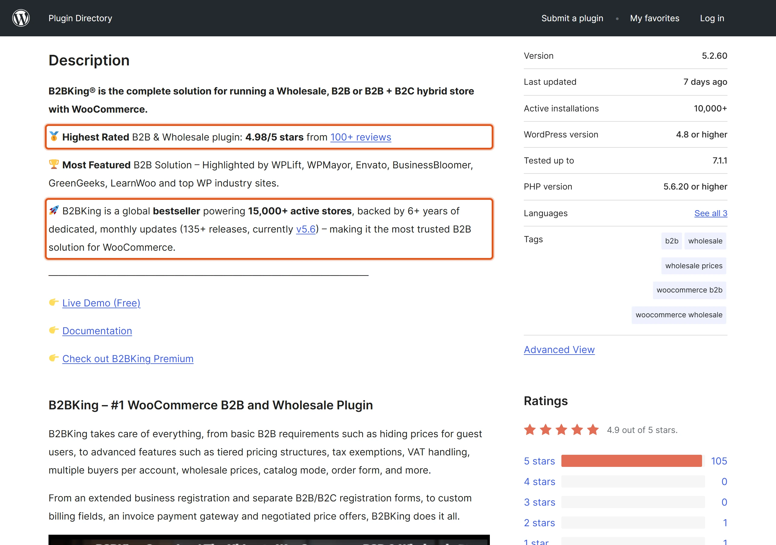 B2BKing 外掛在 WordPress.org 頁面標示四點九八分、一百多則評論,並有超過一萬五千家商店使用