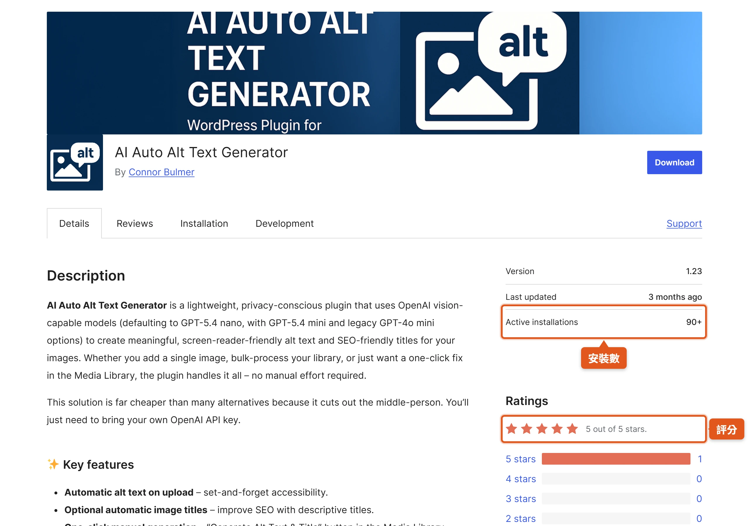 AI Auto Alt Text Generator 的 WordPress.org 外掛頁,安裝數約 90+、使用者評分 5 顆星,是自備 OpenAI 金鑰路線的代表外掛