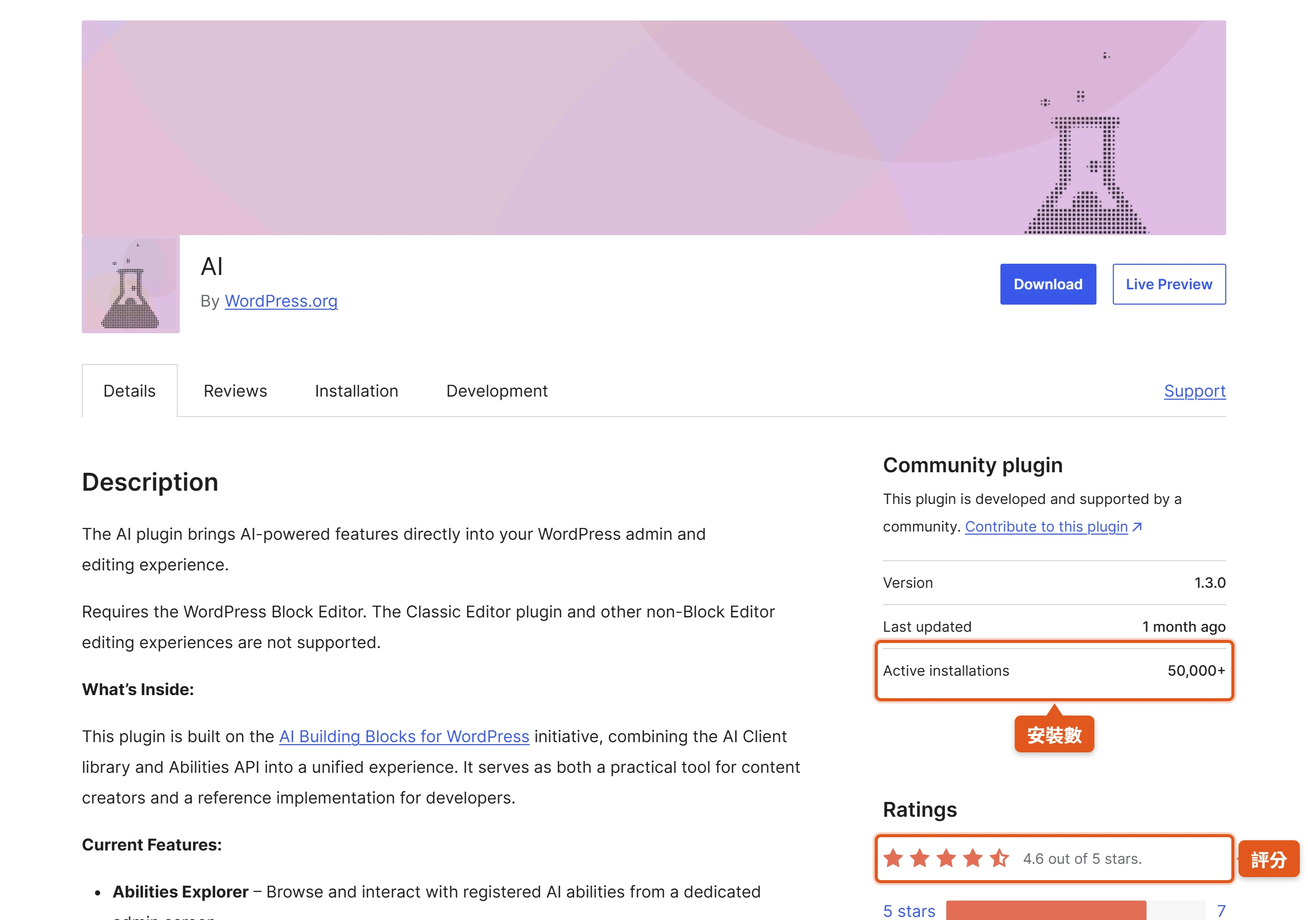 WordPress.org 官方「AI」外掛頁,By WordPress.org,安裝數 50,000+、評分約 4.6 顆星,需搭配連接器外掛才會生成