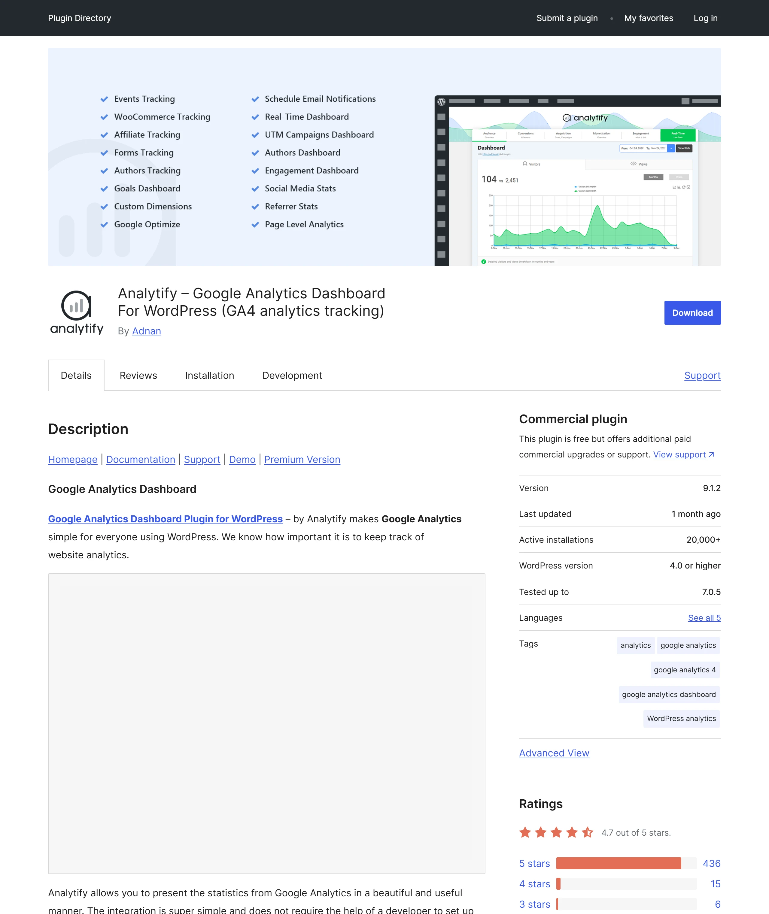 Analytify 在 WordPress 外掛目錄有兩萬多個使用中安裝、平均 4.7 顆星,是專做 Google Analytics 儀表板的分析外掛。