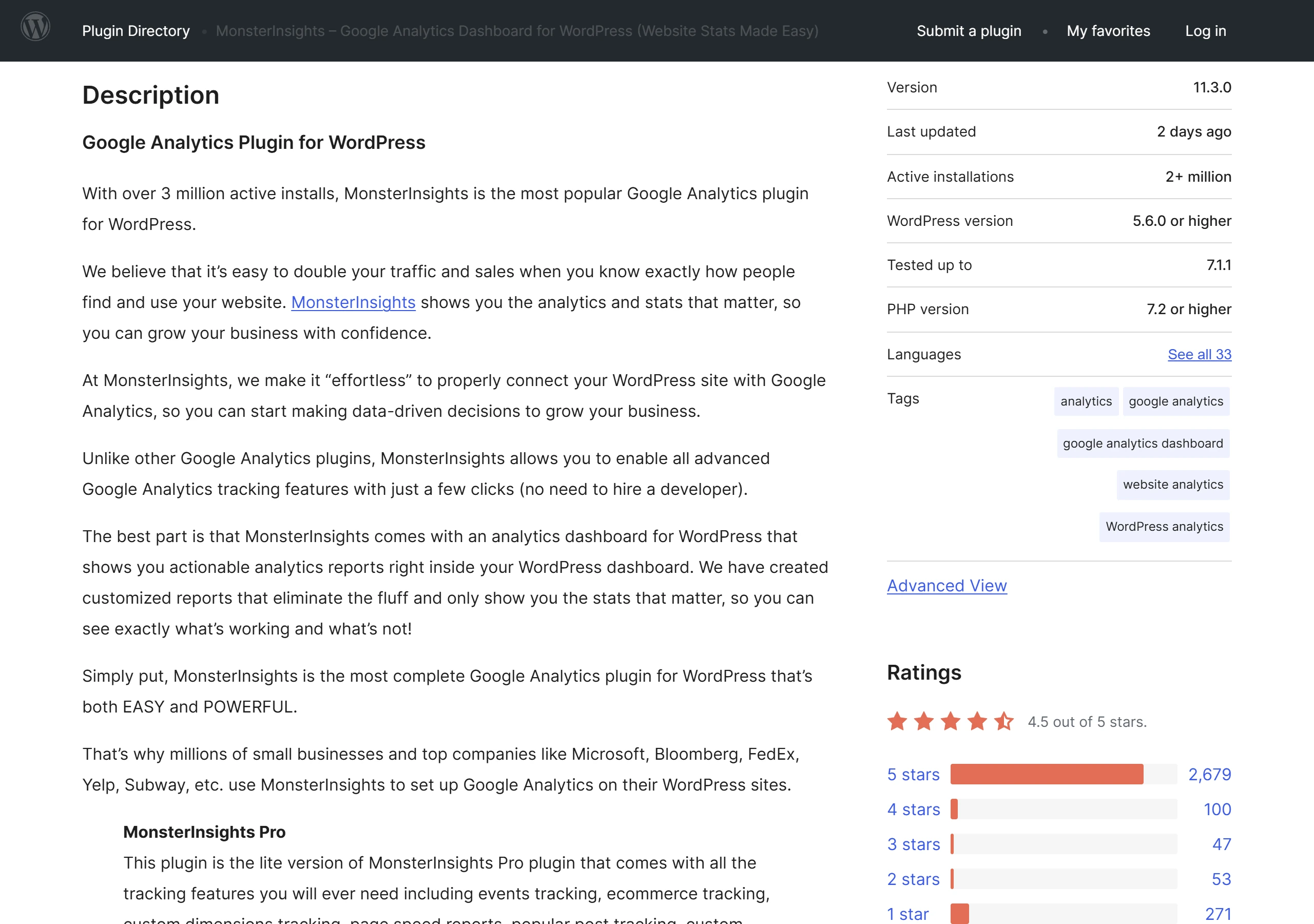 MonsterInsights 在 WordPress 外掛目錄累積超過兩百萬個使用中安裝、平均 4.5 顆星,是老牌的 Google Analytics 分析外掛。
