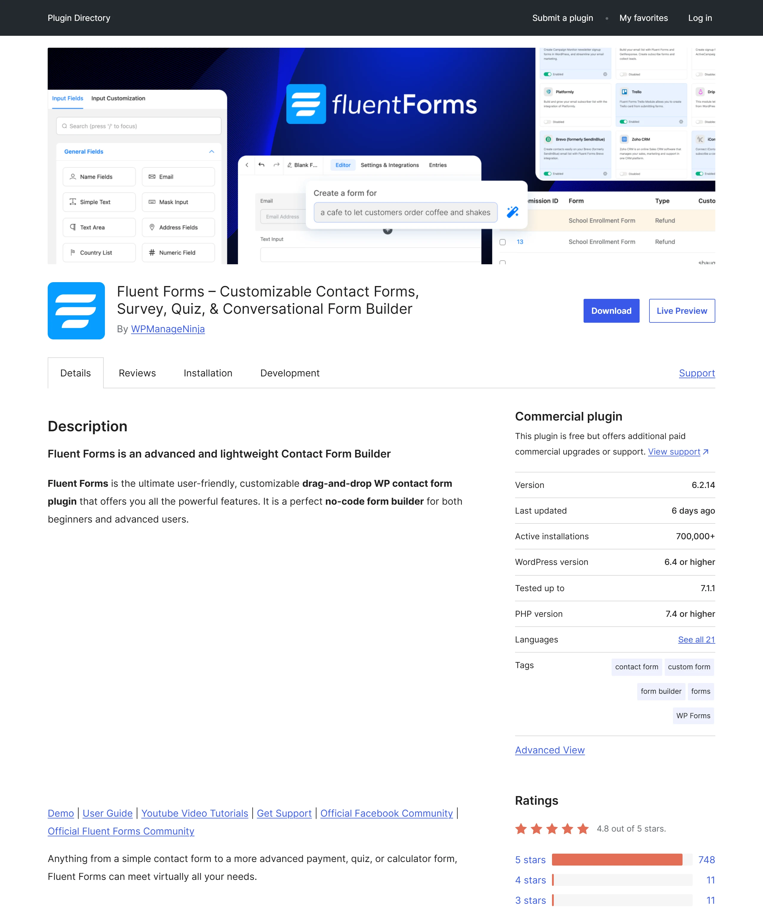 Fluent Forms 累積超過 70 萬個啟用安裝與 4.8 顆星評分,是路徑一用來原生串接 ChatGPT 的表單外掛