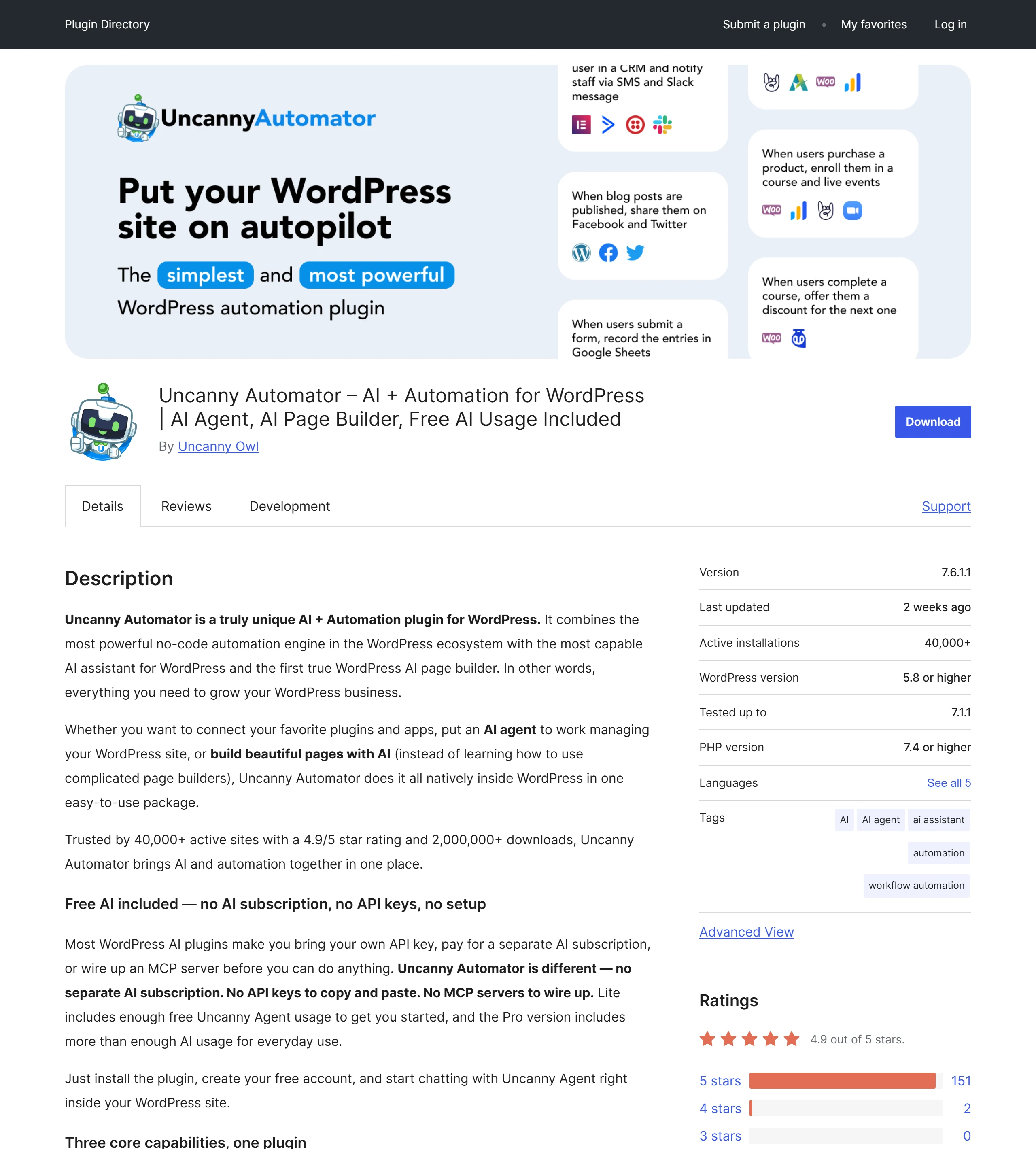 Uncanny Automator 累積 4 萬個以上啟用安裝與 4.9 顆星評分,能把 WPForms 等任何表單外掛接到 OpenAI 做分類