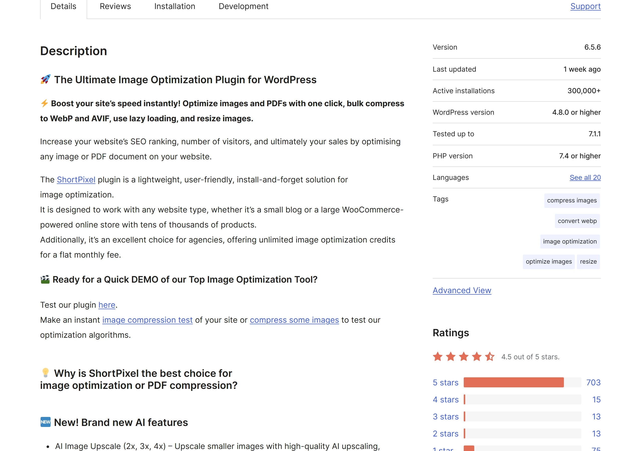 ShortPixel Image Optimizer 在 WordPress.org 的頁面顯示活躍安裝數 300,000+、版本 6.5.6、評分 4.5 顆星,內建 AI 去背與放大