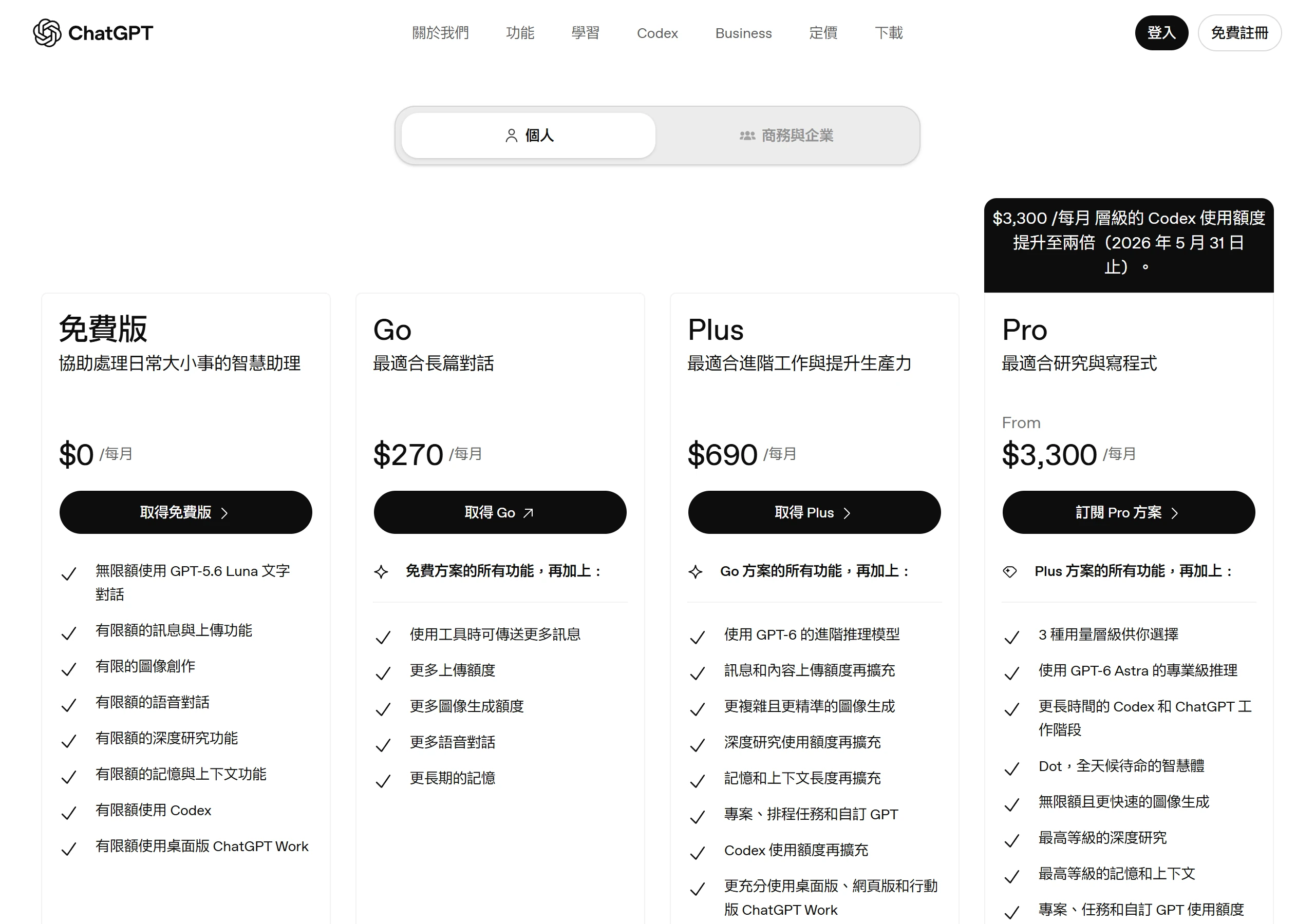 從台灣開啟 ChatGPT 定價頁,個人方案顯示免費版、Go、Plus 與 Pro 4 張方案卡及各自的月費
