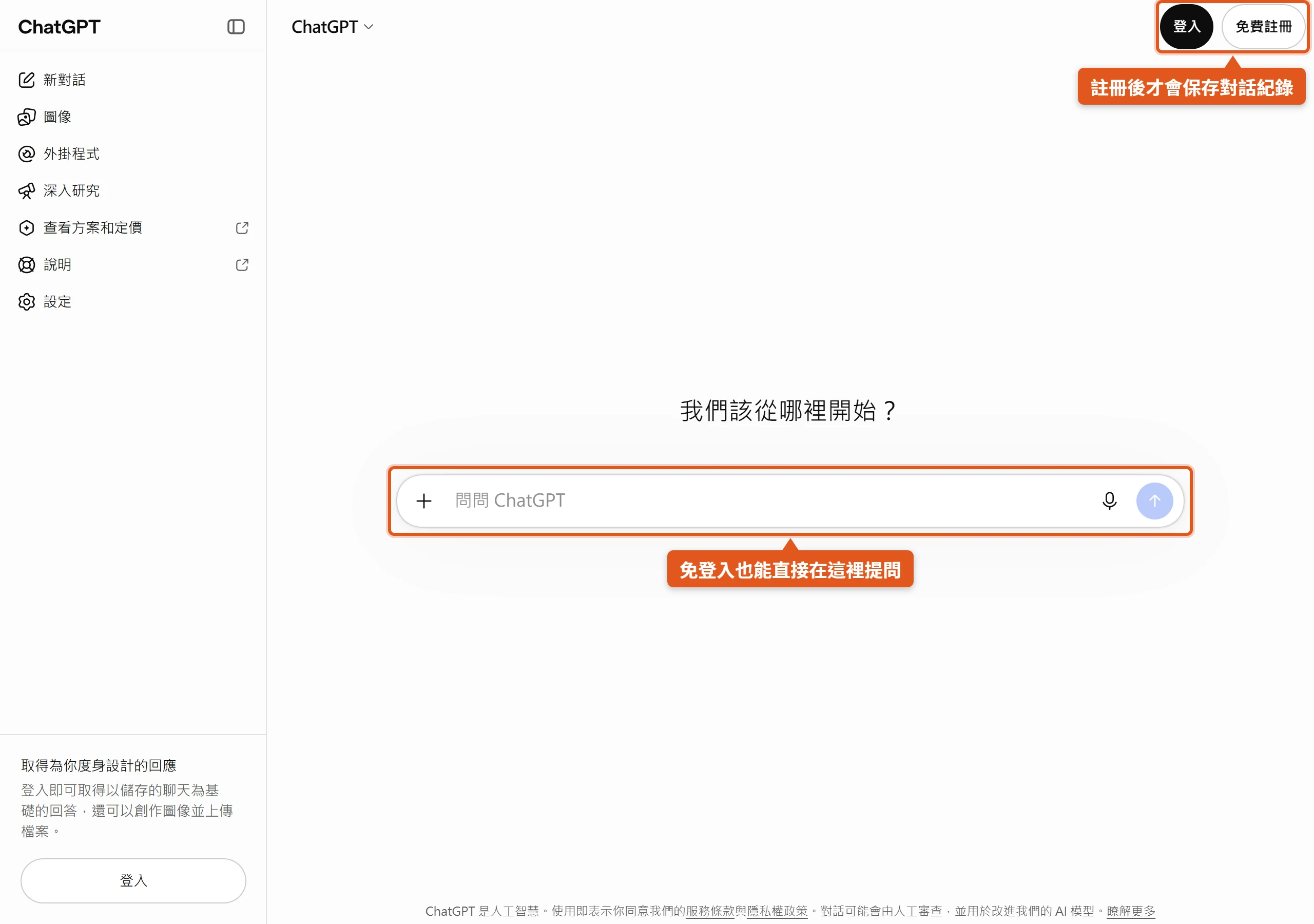 未登入的 chatgpt.com 在繁體中文瀏覽器中直接顯示繁中介面,輸入框可免登入提問,右上角有登入與免費註冊