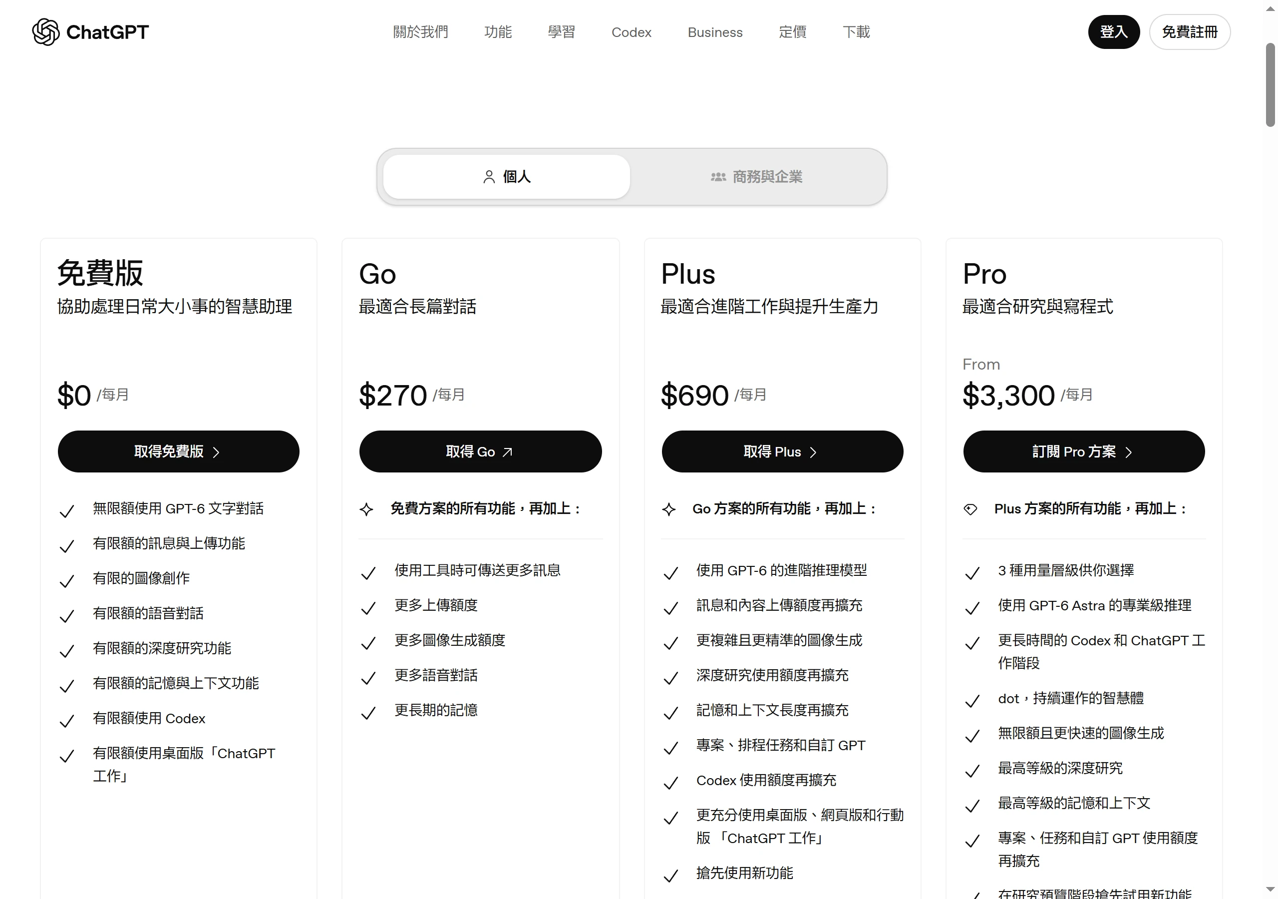 OpenAI 繁體中文定價頁在台灣地區顯示 Go 270、Plus 690、Pro 3,300 起的月費方案卡