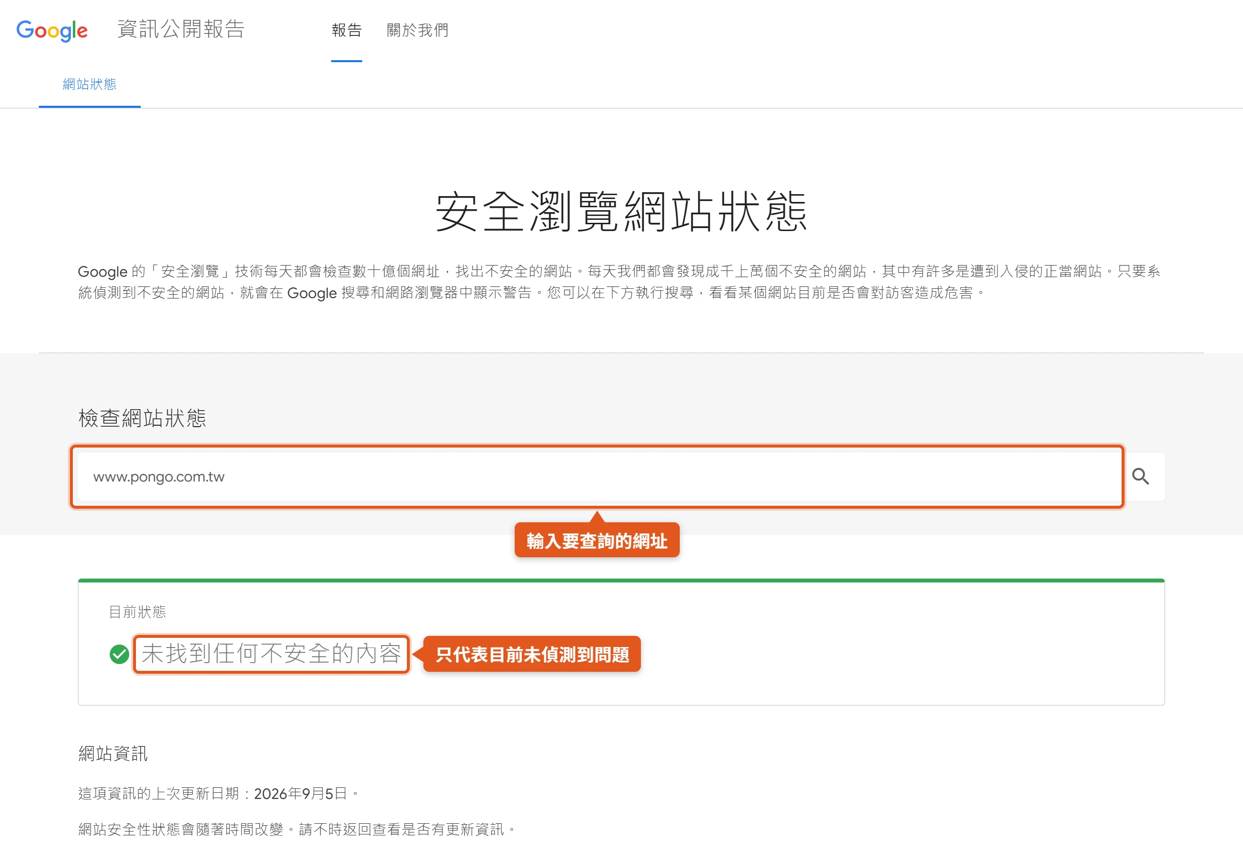 在 Google 安全瀏覽網站狀態輸入要查詢的網址,目前狀態顯示未找到任何不安全的內容