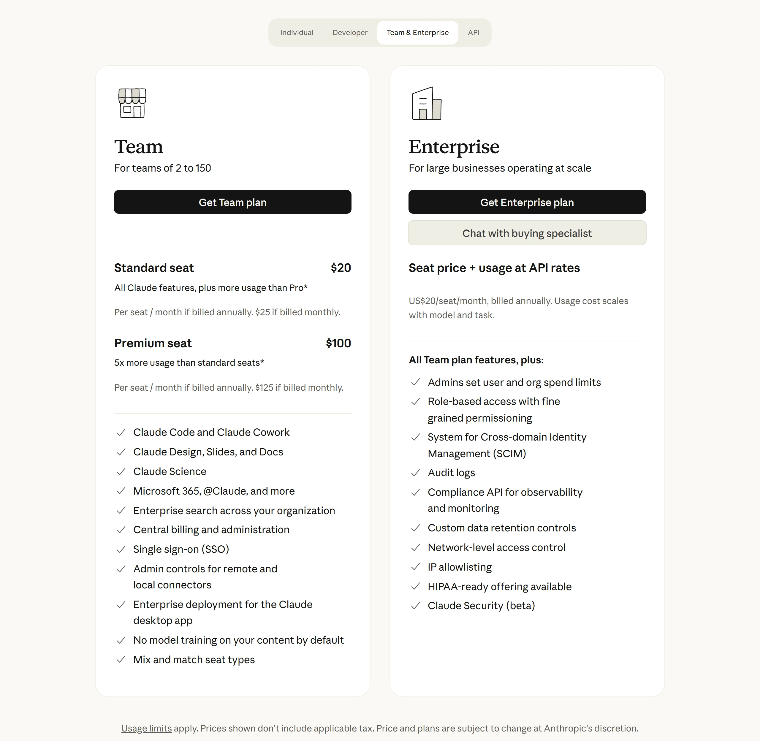 Claude 定價頁的 Team 標準席位與進階席位價格,以及 Enterprise 席位費加 API 費率用量的計價方式