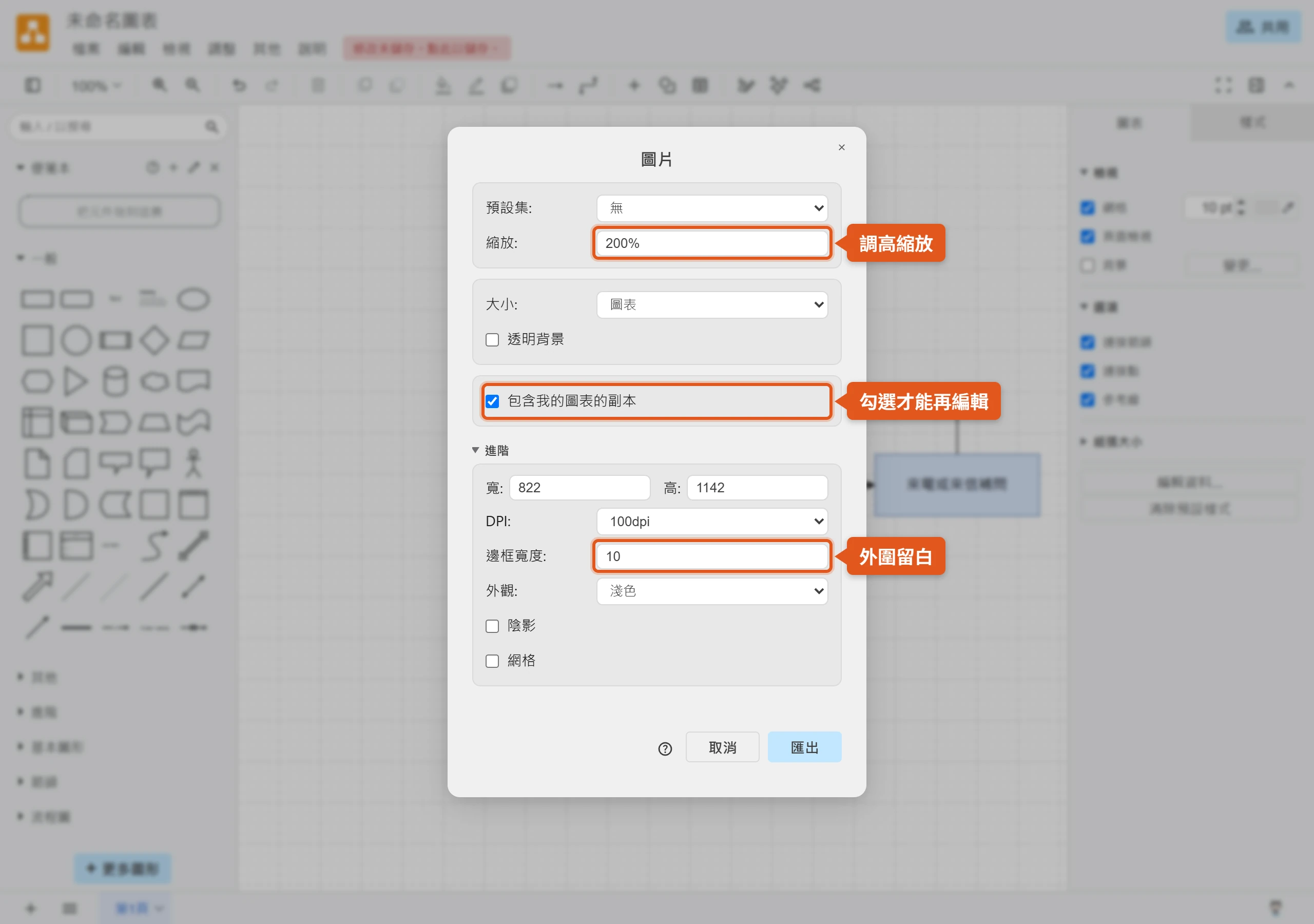 draw.io 匯出 PNG 視窗把縮放調為 200%、勾選包含我的圖表的副本,並在進階設定邊框寬度留白