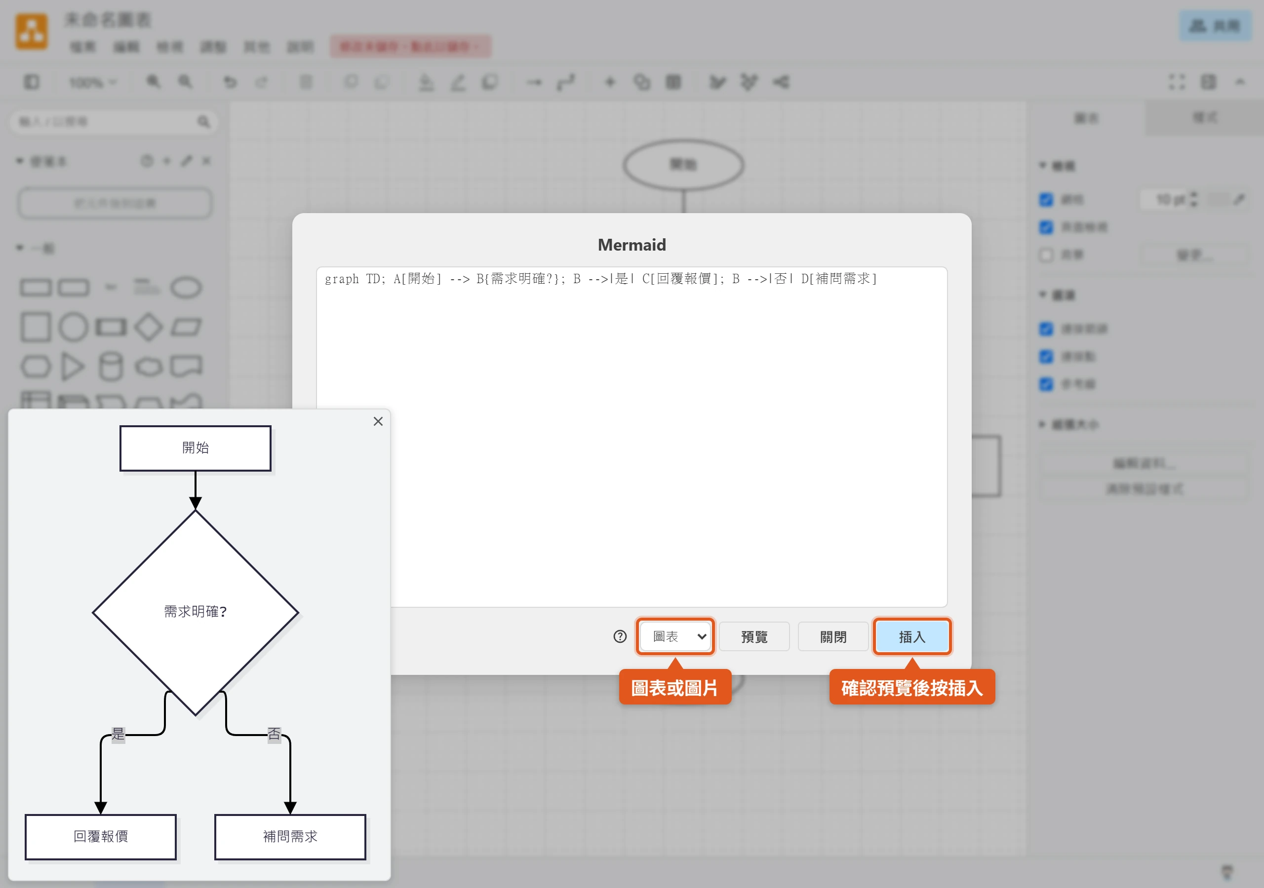 draw.io Mermaid 對話框貼上詢價流程語法,按預覽跳出流程圖預覽視窗,下拉選單可選圖表或圖片