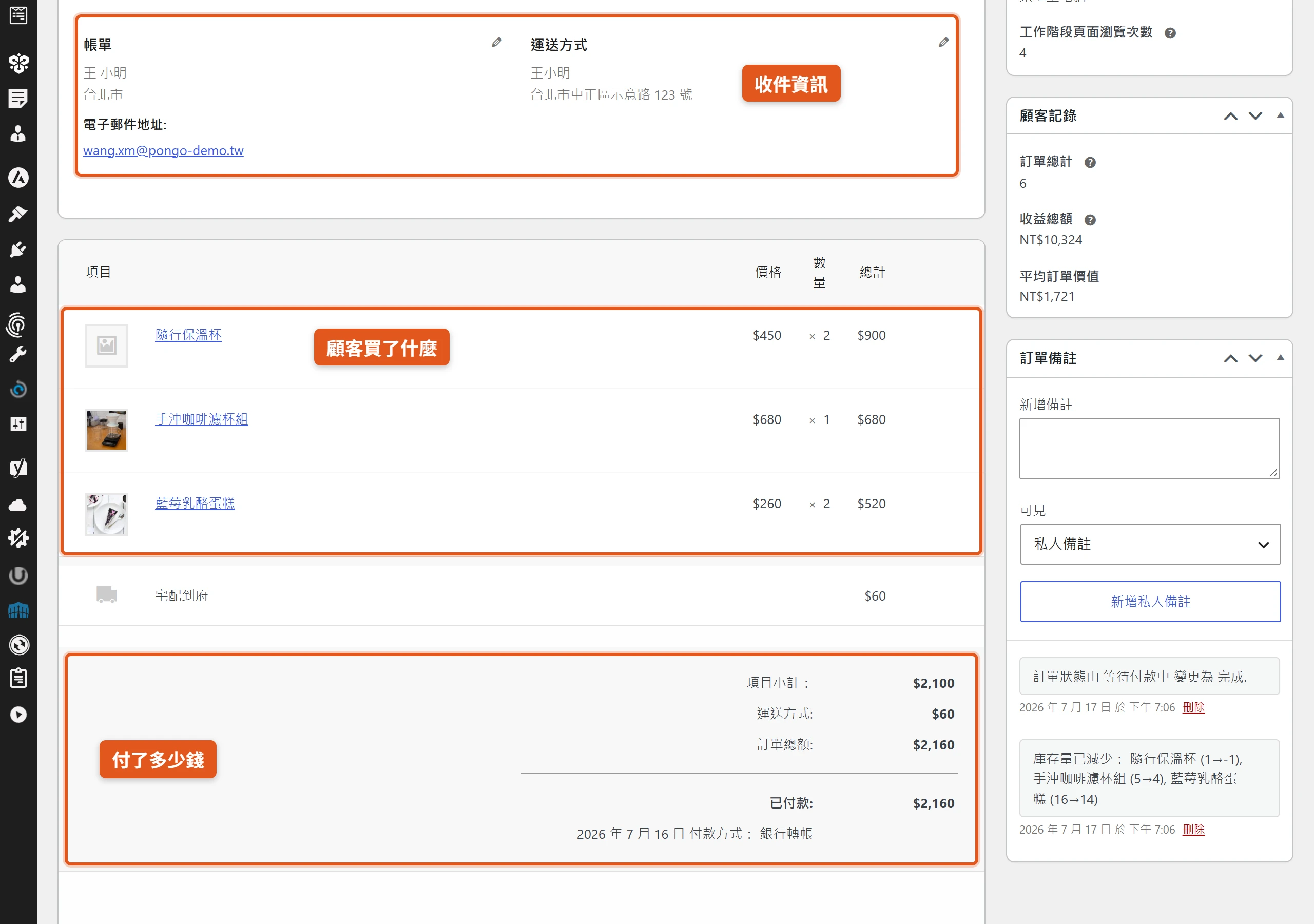 WooCommerce 訂單詳細頁記錄顧客買了哪些商品、訂單總額與付款方式,以及收件人姓名與地址