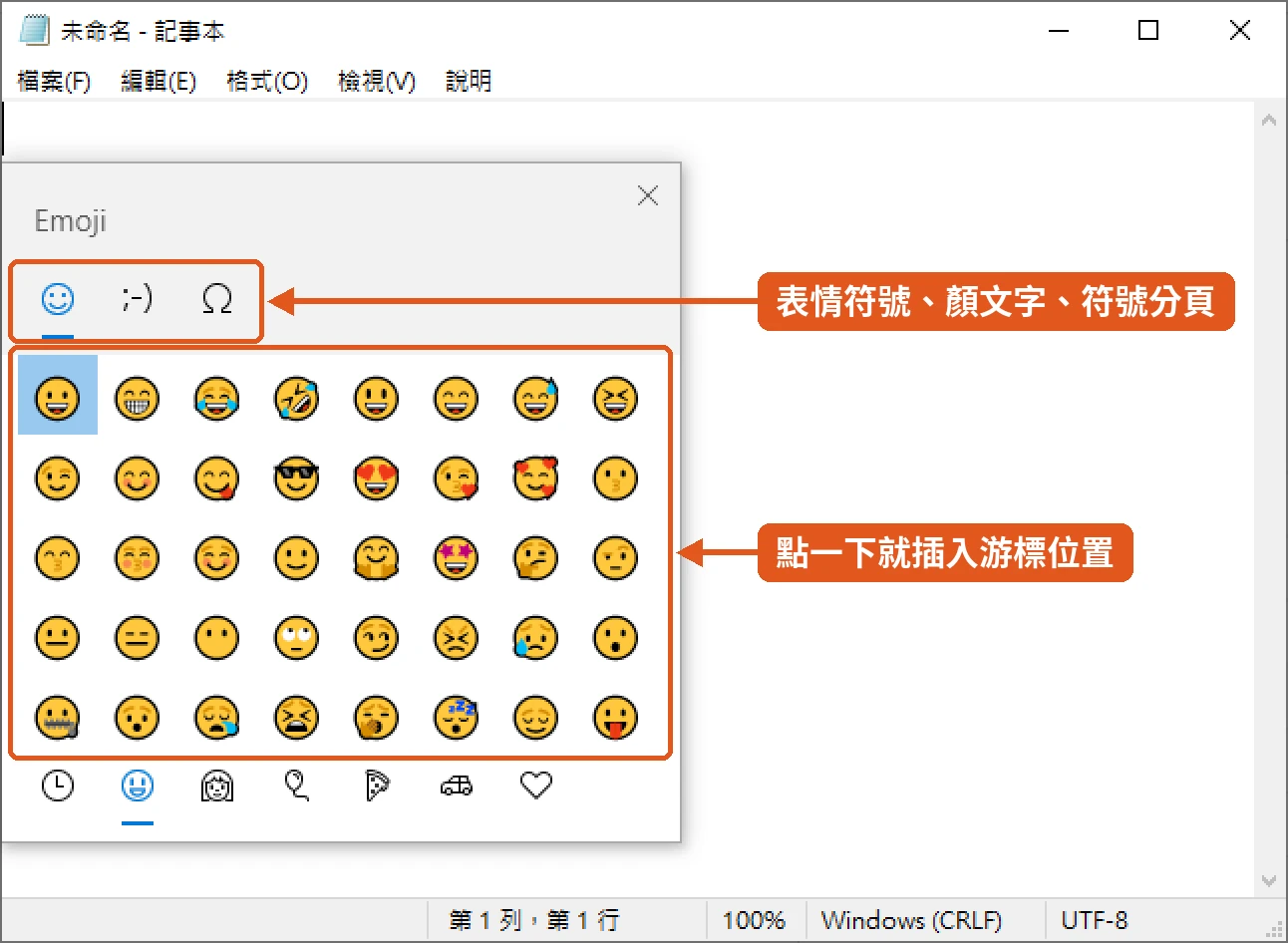 在 Windows 10 記事本按 Win + . 叫出表情符號面板,上方可切換表情符號、顏文字與符號分頁,點選表情就插入游標位置