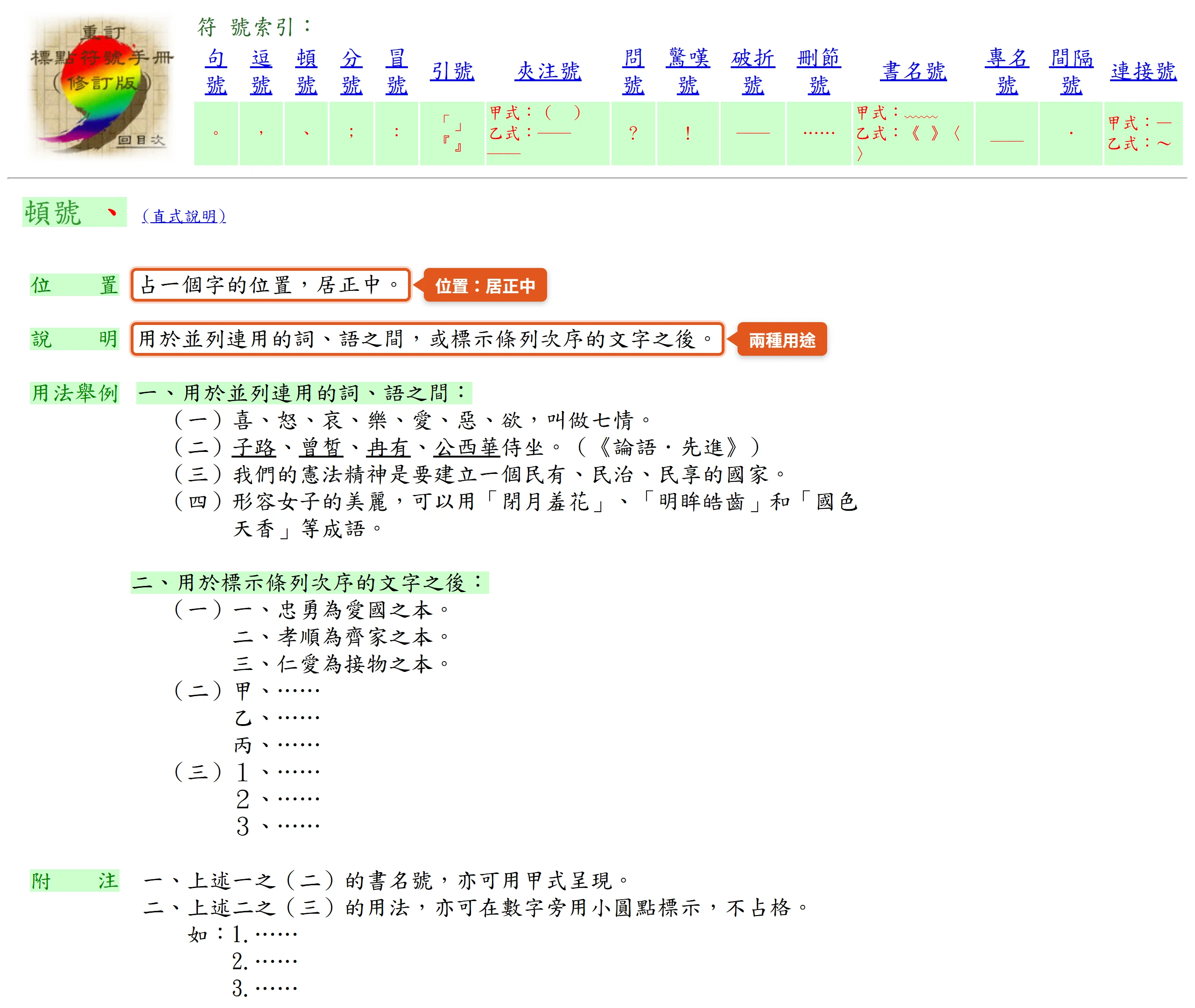 教育部《重訂標點符號手冊》頓號頁寫明頓號占一個字的位置、居正中,用於並列詞語之間與條列序號之後