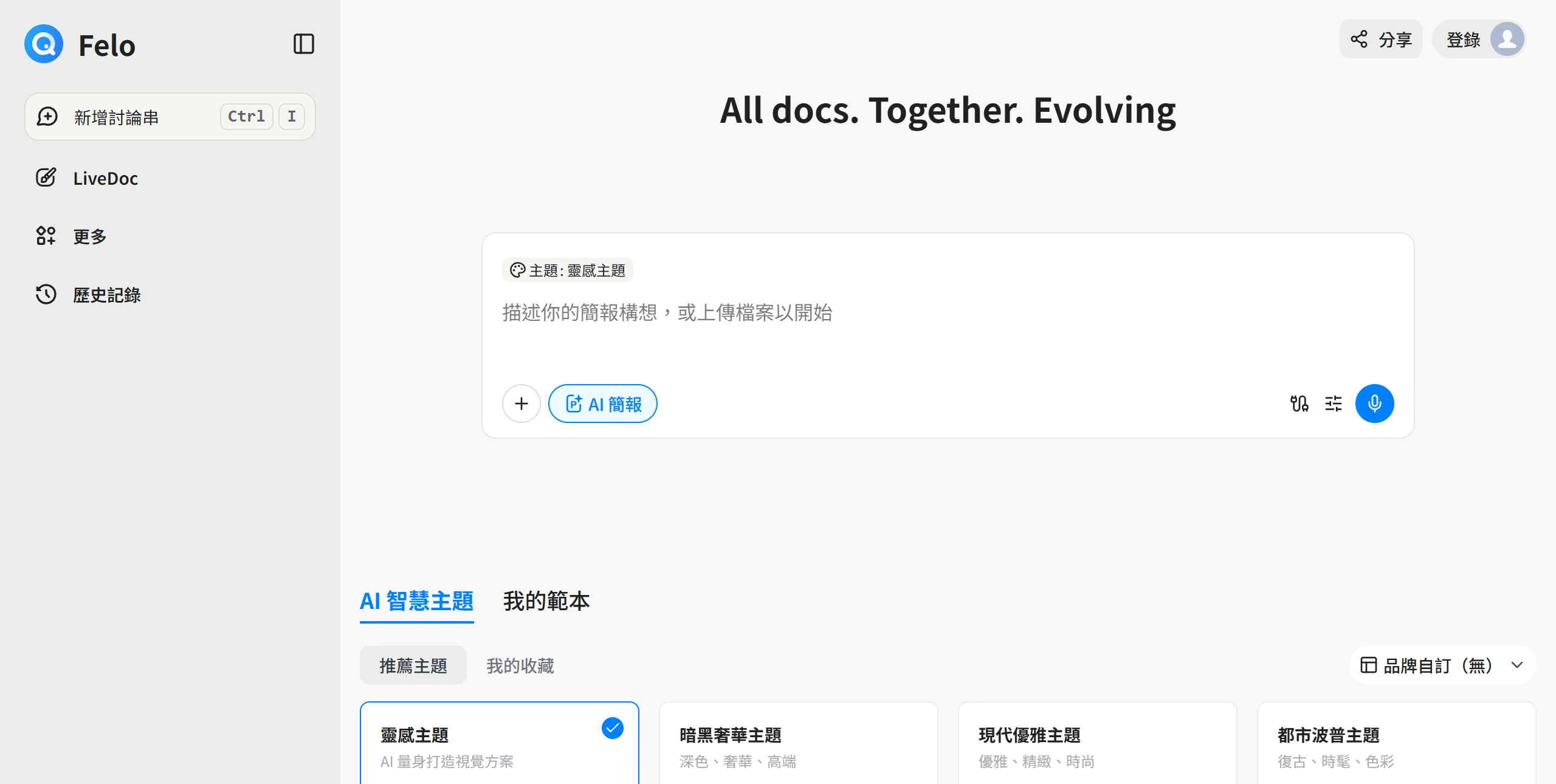 Felo Slides 頁面可以輸入簡報構想或上傳檔案,下方提供 AI 智慧主題、我的範本與品牌自訂選項
