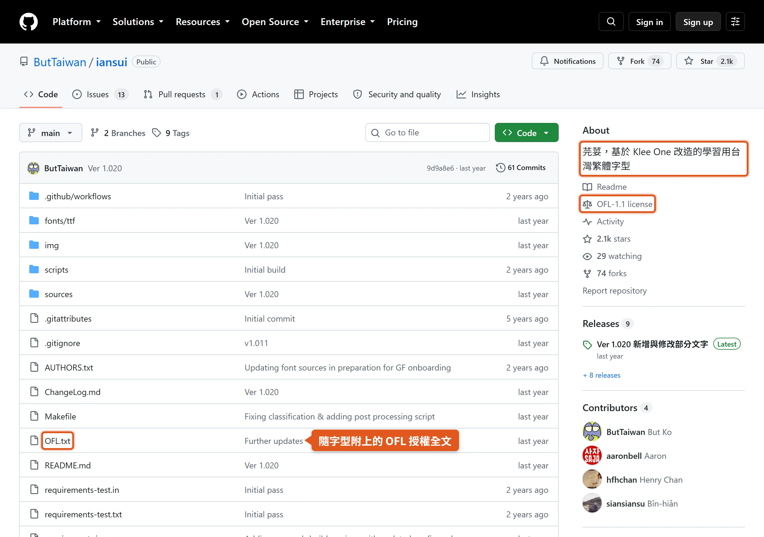 芫荽 Iansui 的 GitHub 專案頁說明它以 Klee One 改造,標示 OFL-1.1 授權並附上 OFL.txt 授權全文