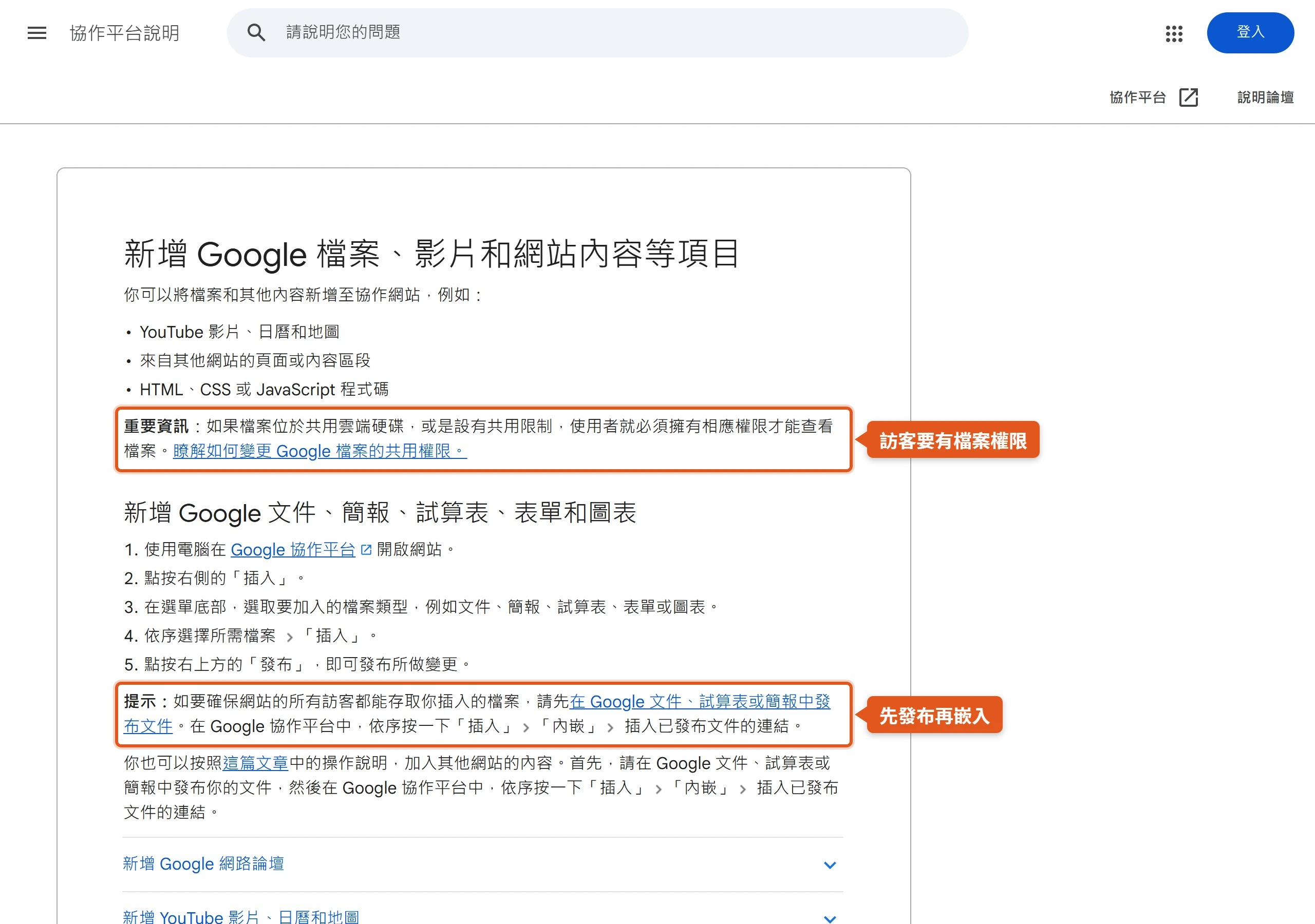 Google 協作平台說明頁寫明有共用限制的檔案需訪客有權限,並建議先發布文件再嵌入